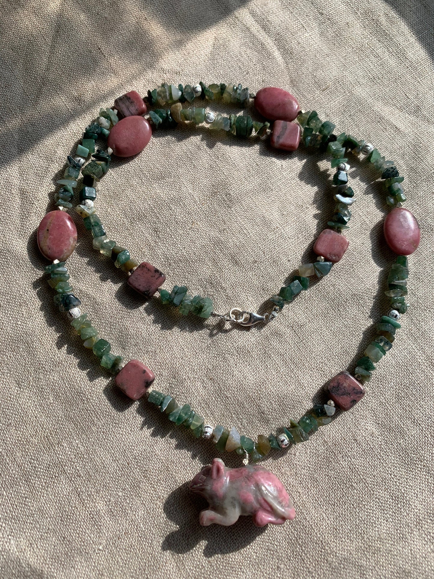 necklace "Metal Rat" Rhodonite rat, Moss agate, Rhodonite, Year of the Rat, Chinese zodiac animal, Gender Neutral, Animal jewelry