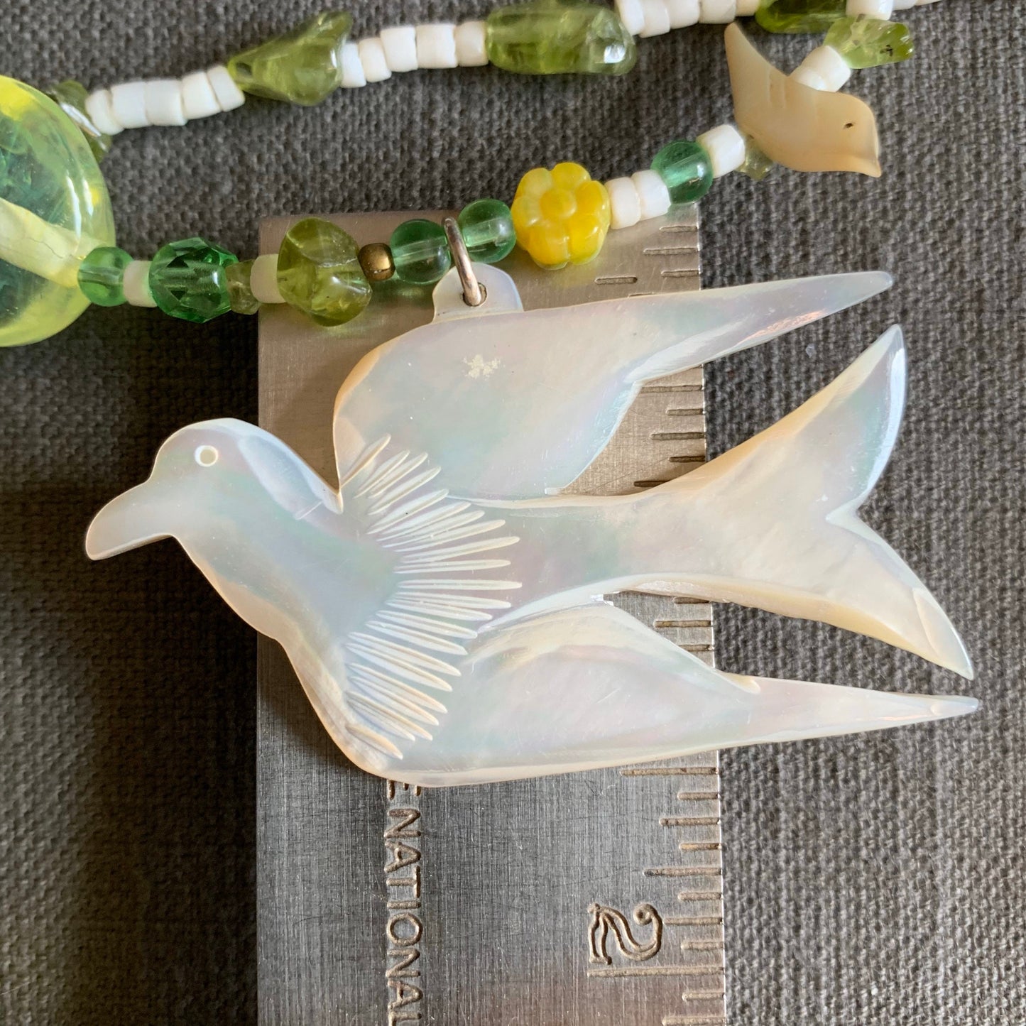 necklace "Peace" Dove pendant, Statement Piece, Spring Line, Gift idea, Birds, Earth Day, Peridot, shell heishi, leaves, Gender Neutral