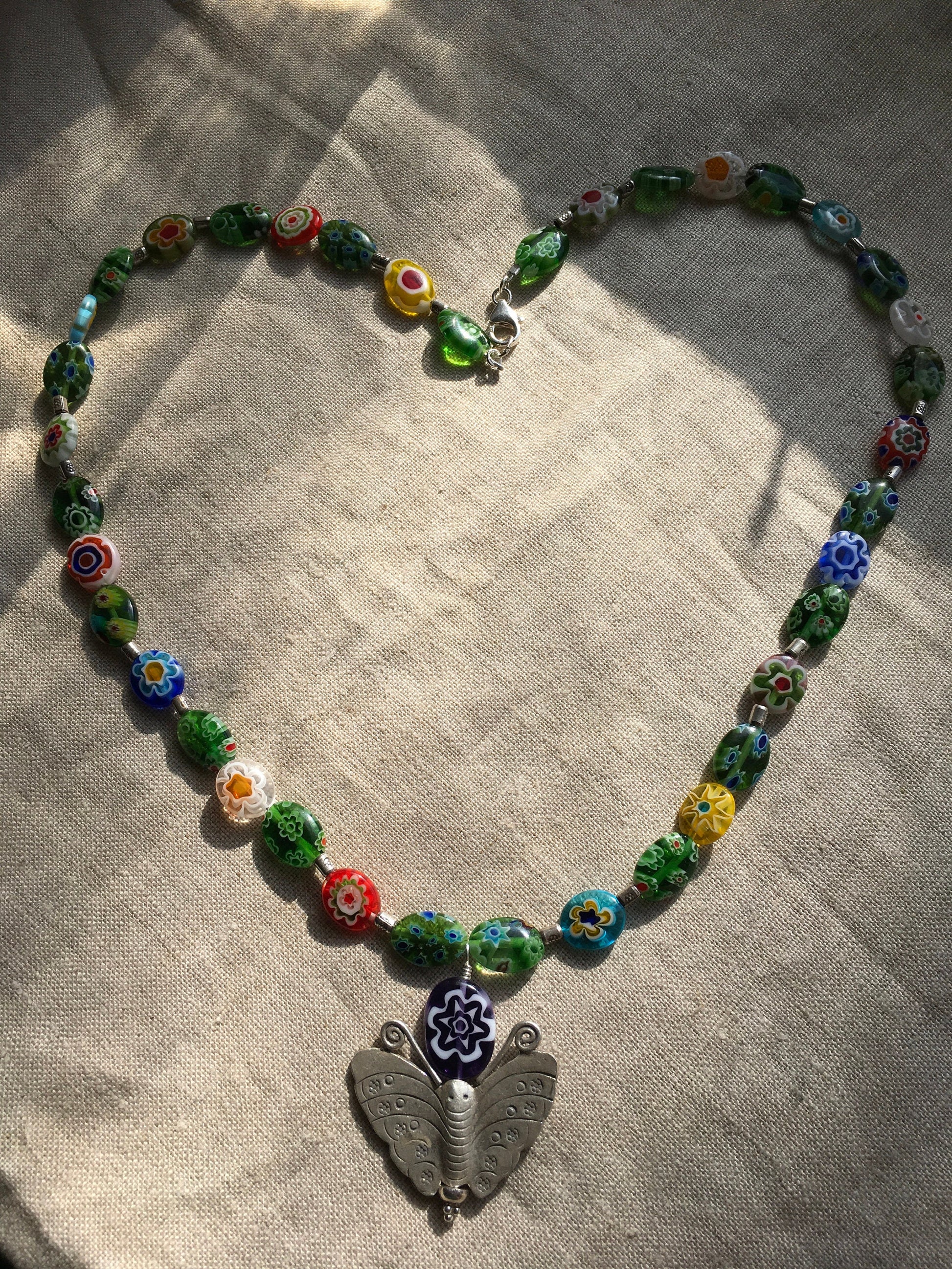 Necklace “Searching for Beauty” Hill Tribe Silver Butterfly, Millefiori beads, Handmade beads, Spring Line, Gender Neutral, Intensional Art