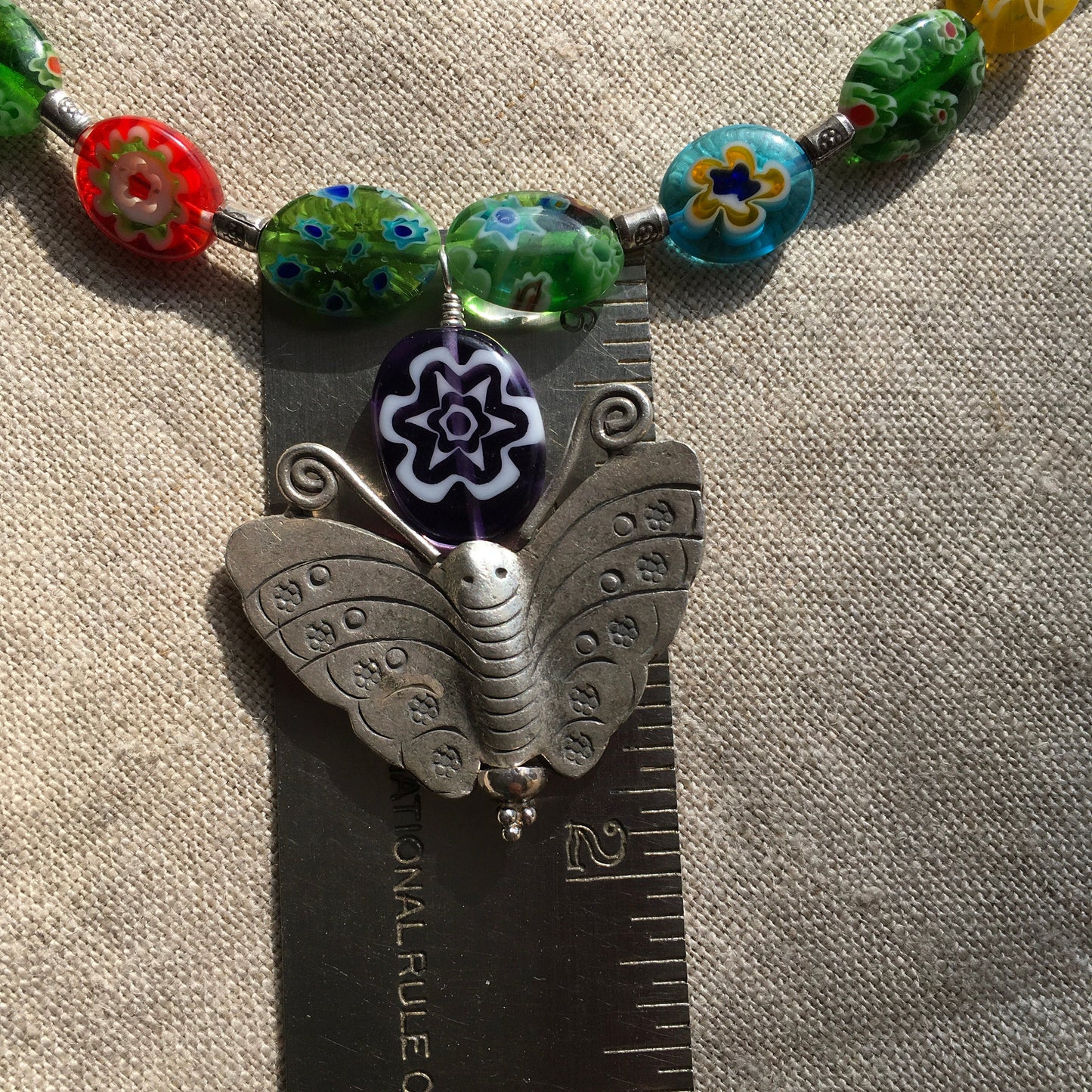 Necklace “Searching for Beauty” Hill Tribe Silver Butterfly, Millefiori beads, Handmade beads, Spring Line, Gender Neutral, Intensional Art