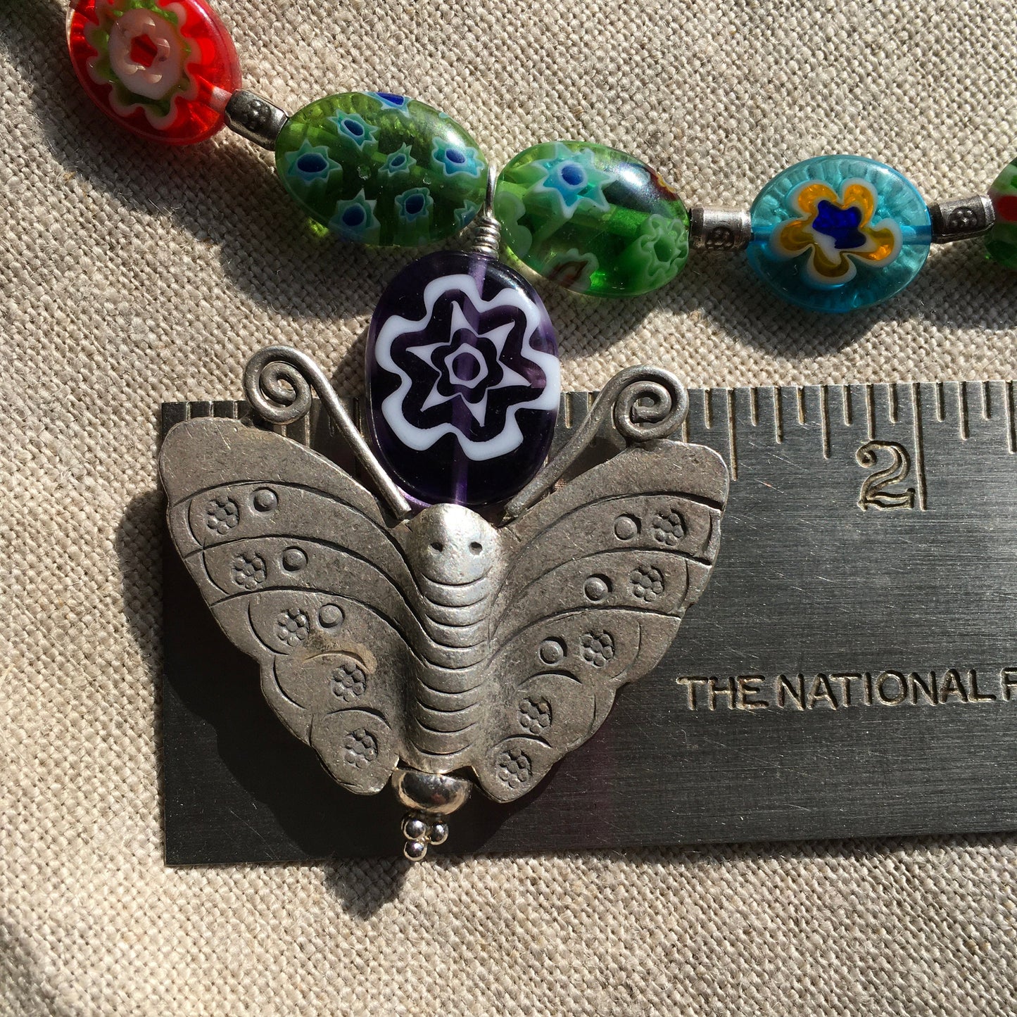 Necklace “Searching for Beauty” Hill Tribe Silver Butterfly, Millefiori beads, Handmade beads, Spring Line, Gender Neutral, Intensional Art