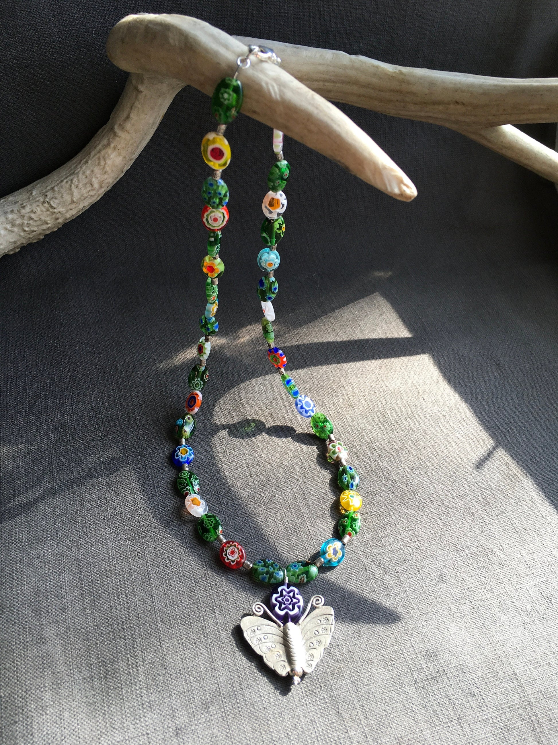 Necklace “Searching for Beauty” Hill Tribe Silver Butterfly, Millefiori beads, Handmade beads, Spring Line, Gender Neutral, Intensional Art