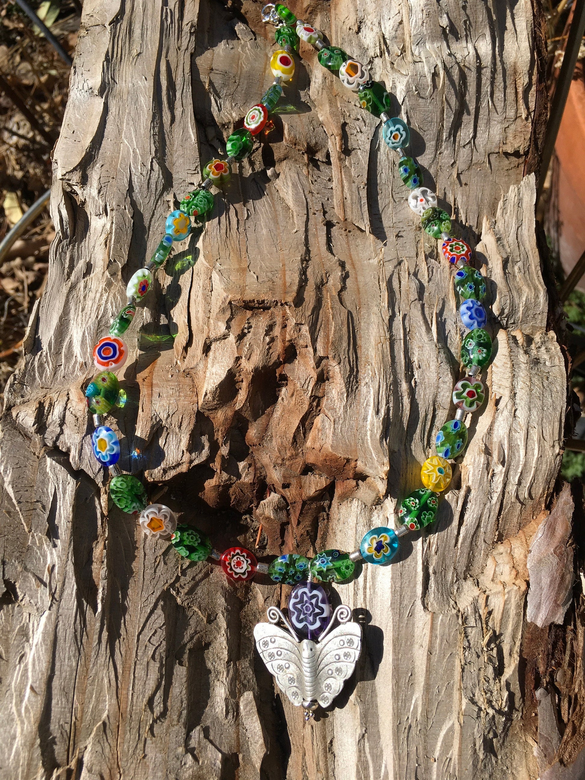 Necklace “Searching for Beauty” Hill Tribe Silver Butterfly, Millefiori beads, Handmade beads, Spring Line, Gender Neutral, Intensional Art