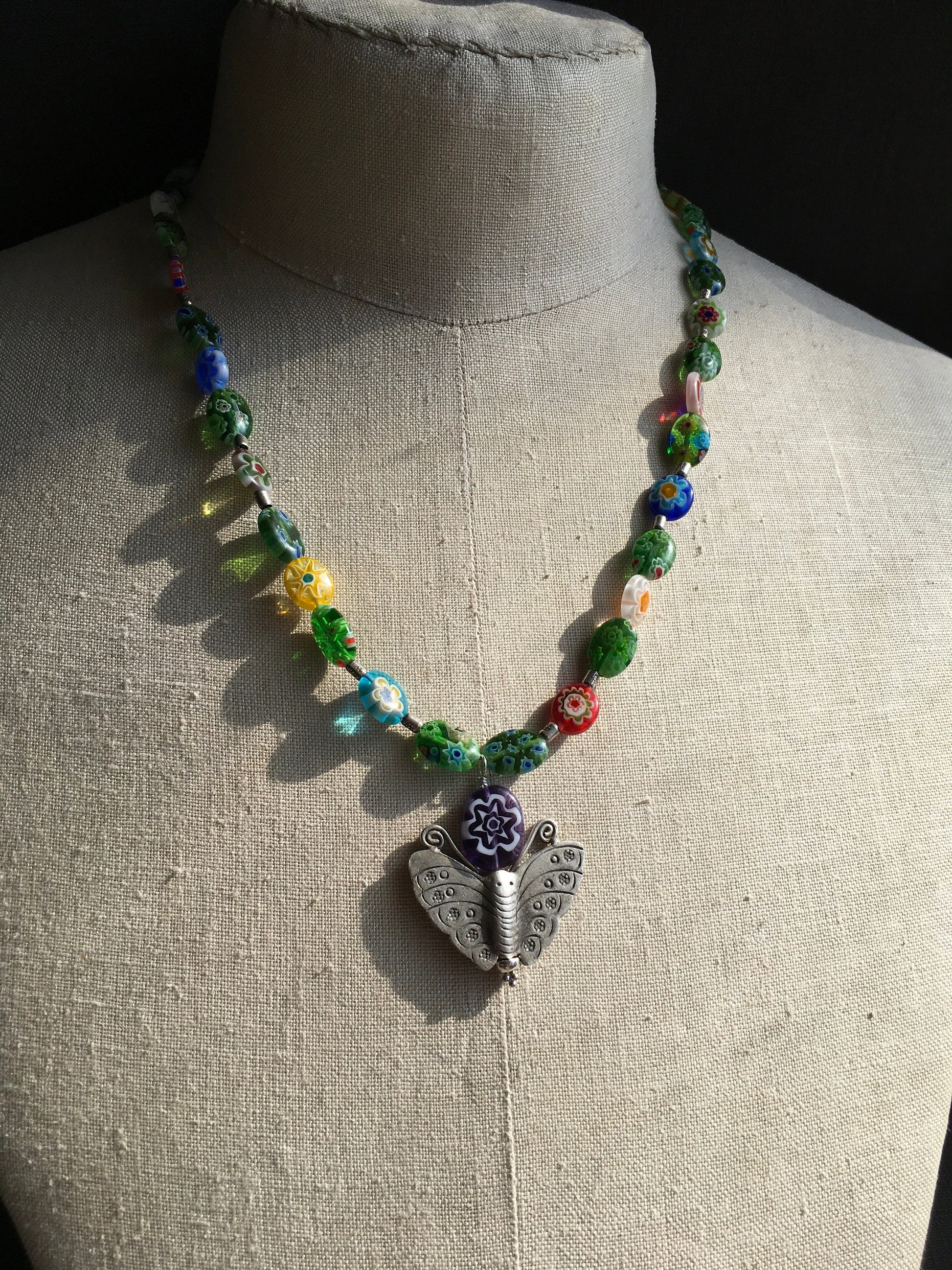 Necklace “Searching for Beauty” Hill Tribe Silver Butterfly, Millefiori beads, Handmade beads, Spring Line, Gender Neutral, Intensional Art