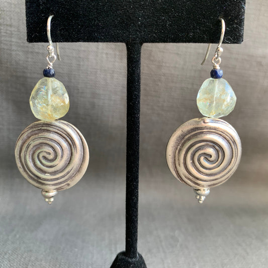 Earrings “Water Swirl” Aquamarine, Sapphires, Hill Tribe Silver Spirals, Statement earrings, Water jewelry, Ocean earrings, March birthstone