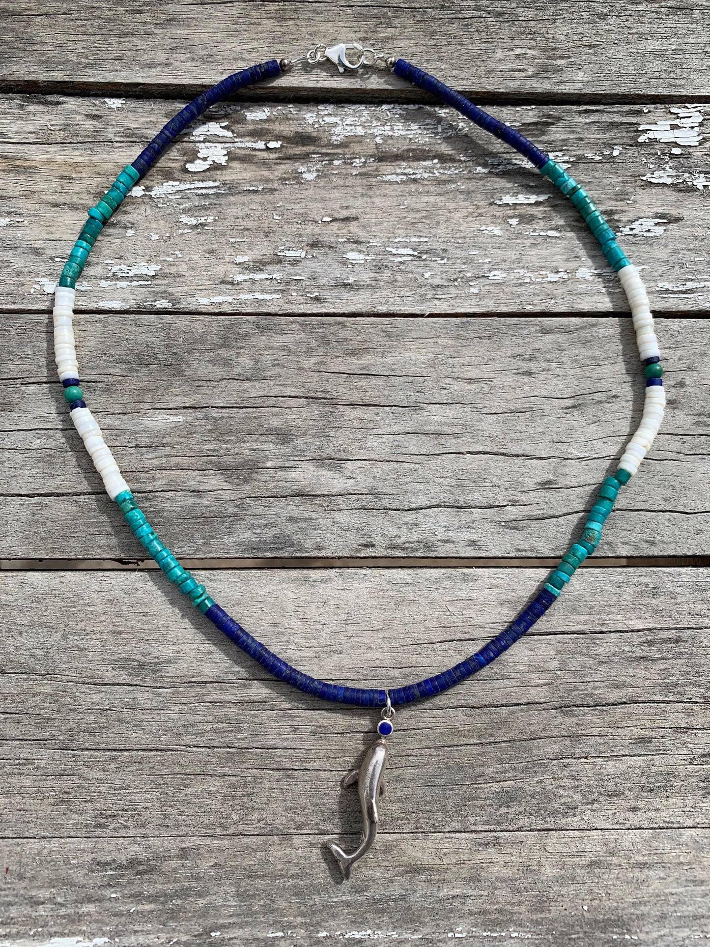 Necklace “My point is...Dolphins” vintage sterling dolphin, Afghan lapis, Vintage Turquoise, Shell Heishi, Dolphin necklace, Water Jewelry