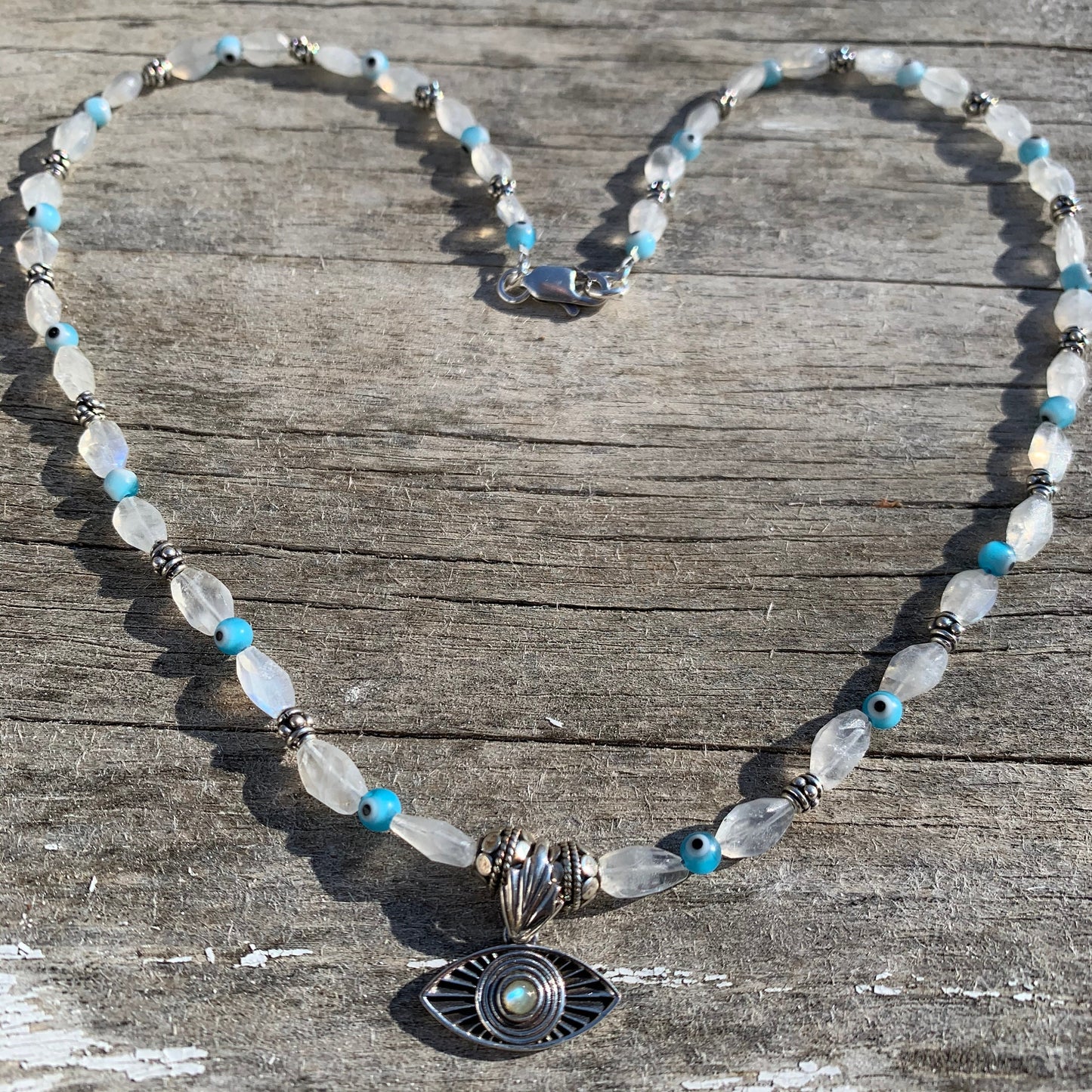 Necklace “Third Eye” sterling Eye and moonstone pendant, rainbow Moonstone, tiny Evil Eye beads, Gender Neutral, Gift Idea, Third Eye chakra