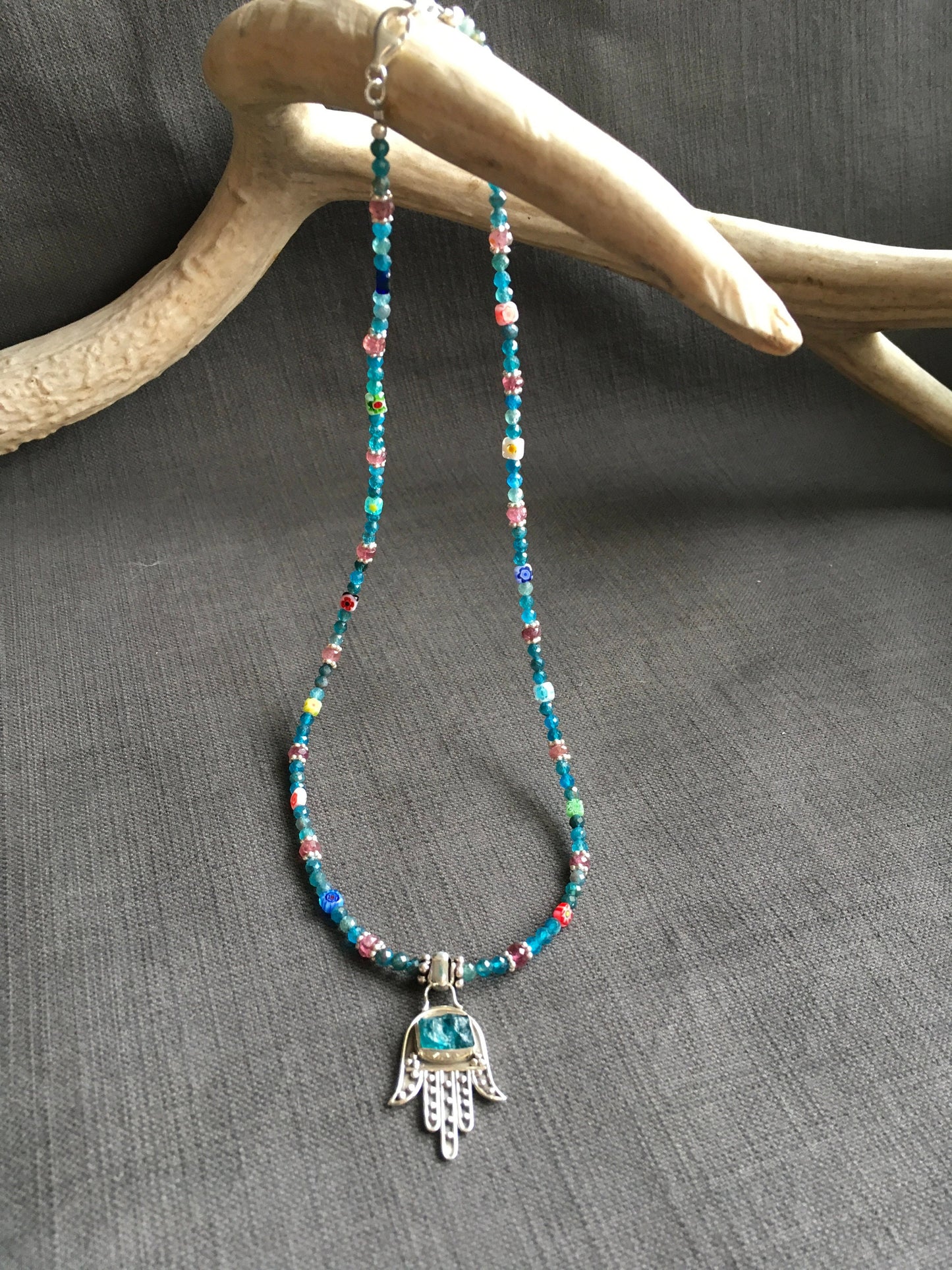 Necklace “Touching the Divine” Sterling Hamsa with Apatite pendant, Pink Tourmaline, Apatite, Millefiori beads, Spring line, Gift idea