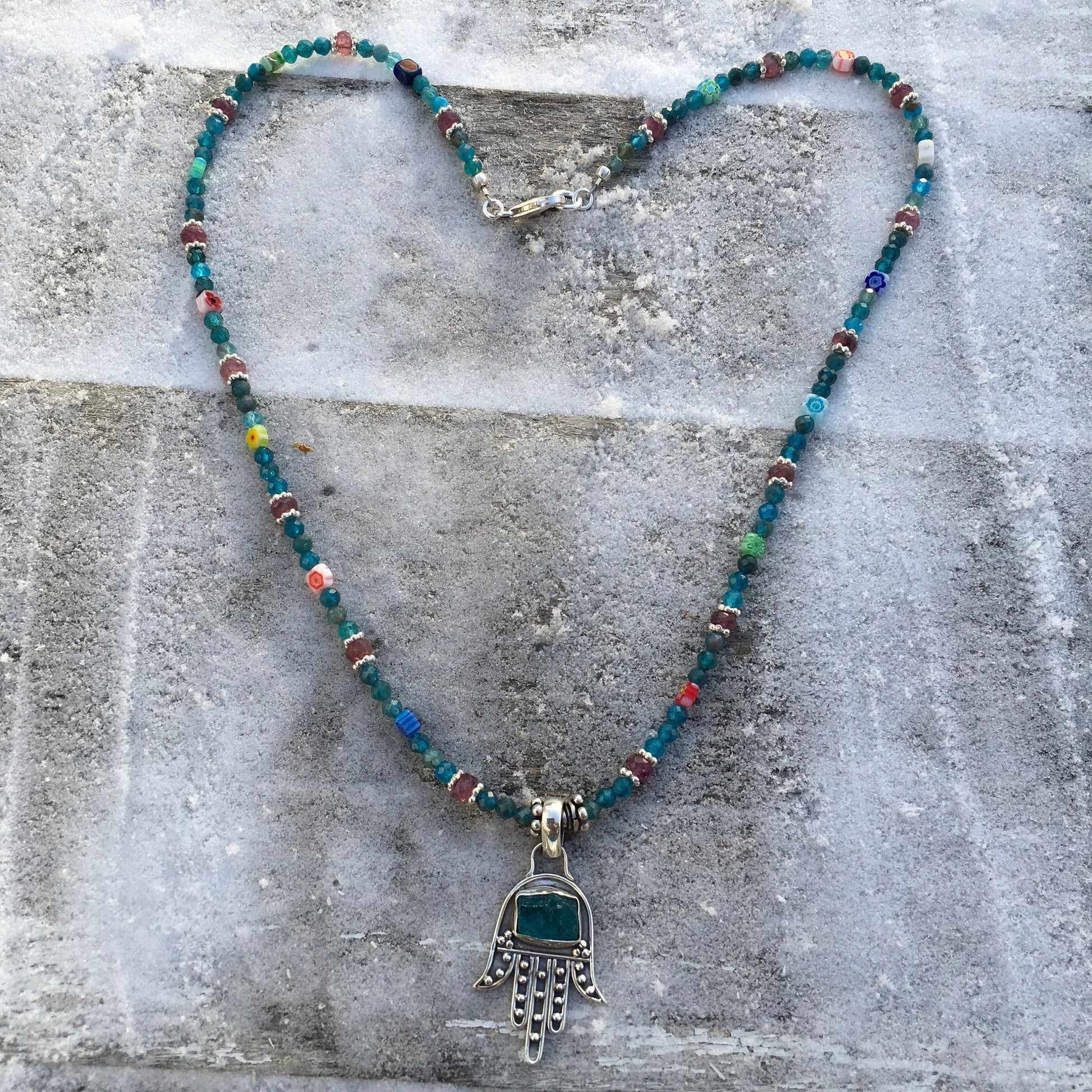 Necklace “Touching the Divine” Sterling Hamsa with Apatite pendant, Pink Tourmaline, Apatite, Millefiori beads, Spring line, Gift idea