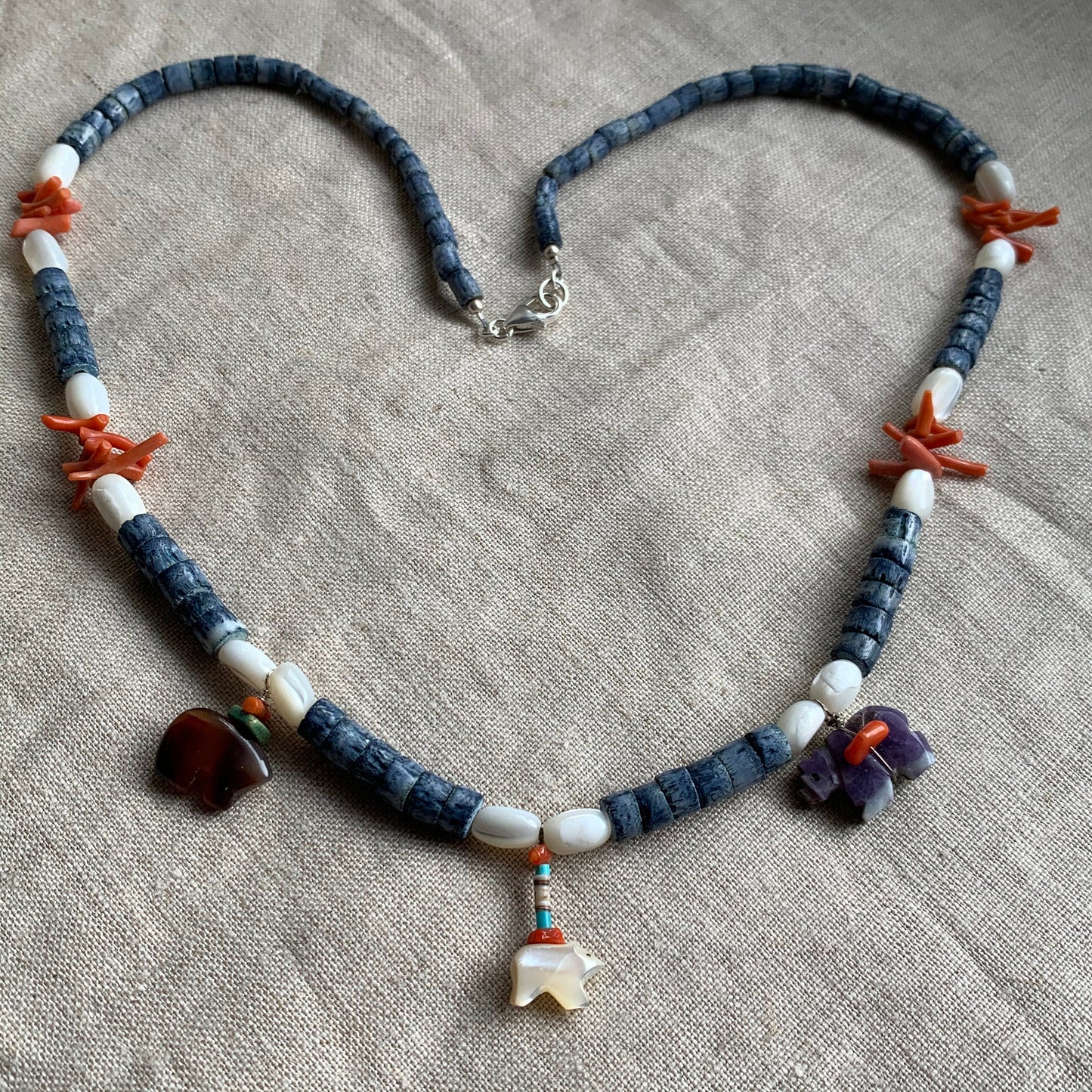 Necklace “Dah Bears” Three Bear fetishes, Vintage Blue Coral, Mother of Pearl, Vintage Red Branch Coral, Gift Idea, Bears, Gender Neutral