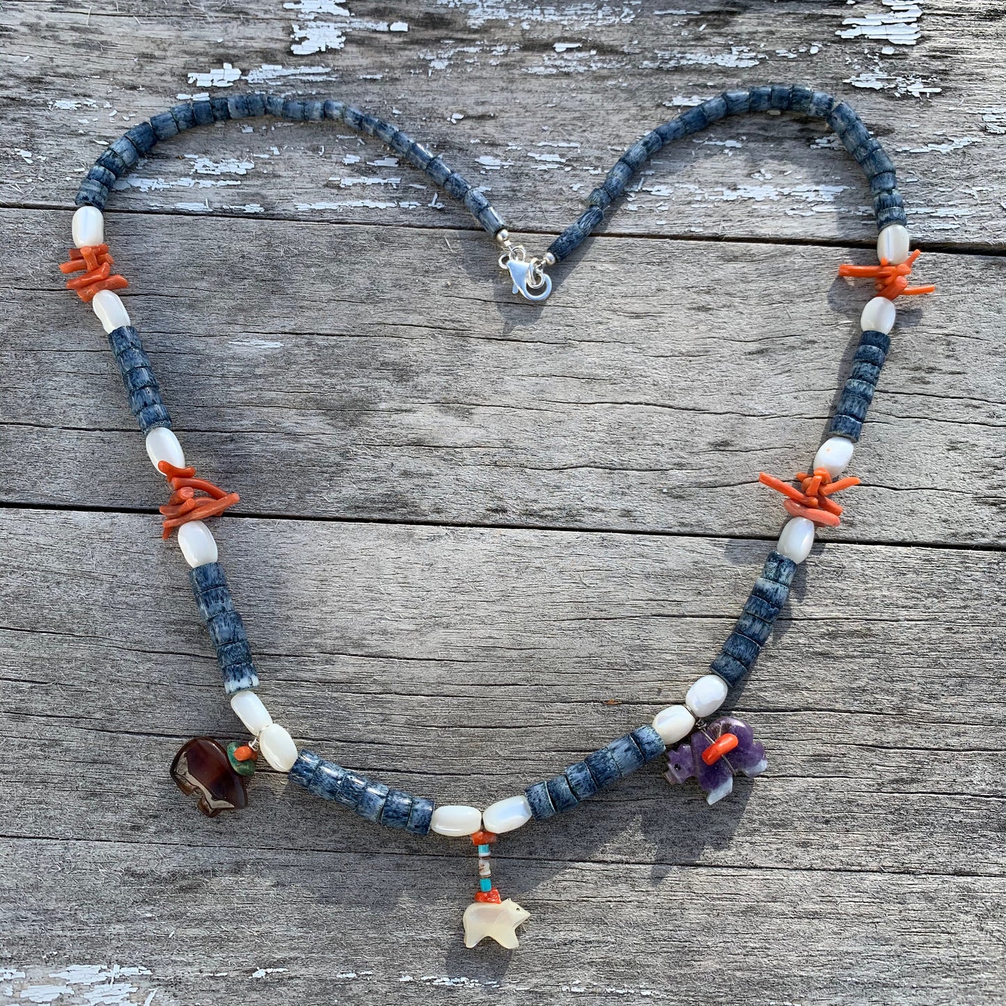 Necklace “Dah Bears” Three Bear fetishes, Vintage Blue Coral, Mother of Pearl, Vintage Red Branch Coral, Gift Idea, Bears, Gender Neutral