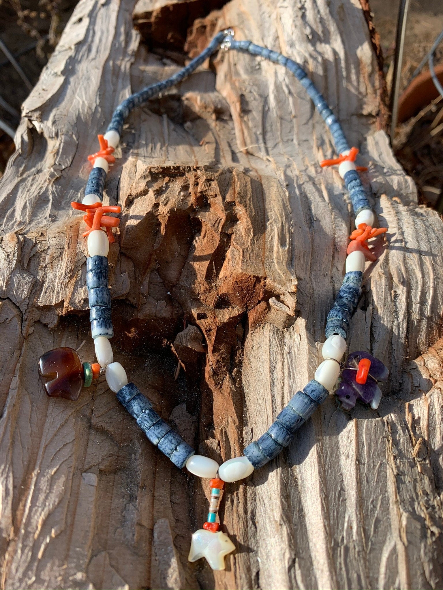 Necklace “Dah Bears” Three Bear fetishes, Vintage Blue Coral, Mother of Pearl, Vintage Red Branch Coral, Gift Idea, Bears, Gender Neutral