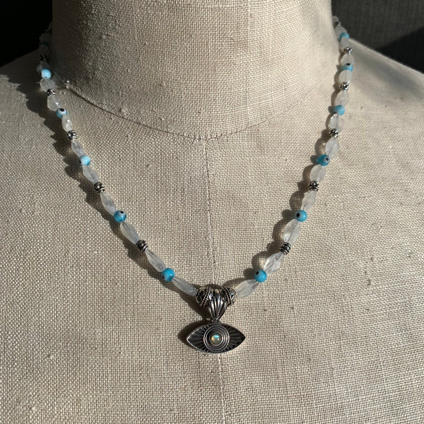 Necklace “Third Eye” sterling Eye and moonstone pendant, rainbow Moonstone, tiny Evil Eye beads, Gender Neutral, Gift Idea, Third Eye chakra