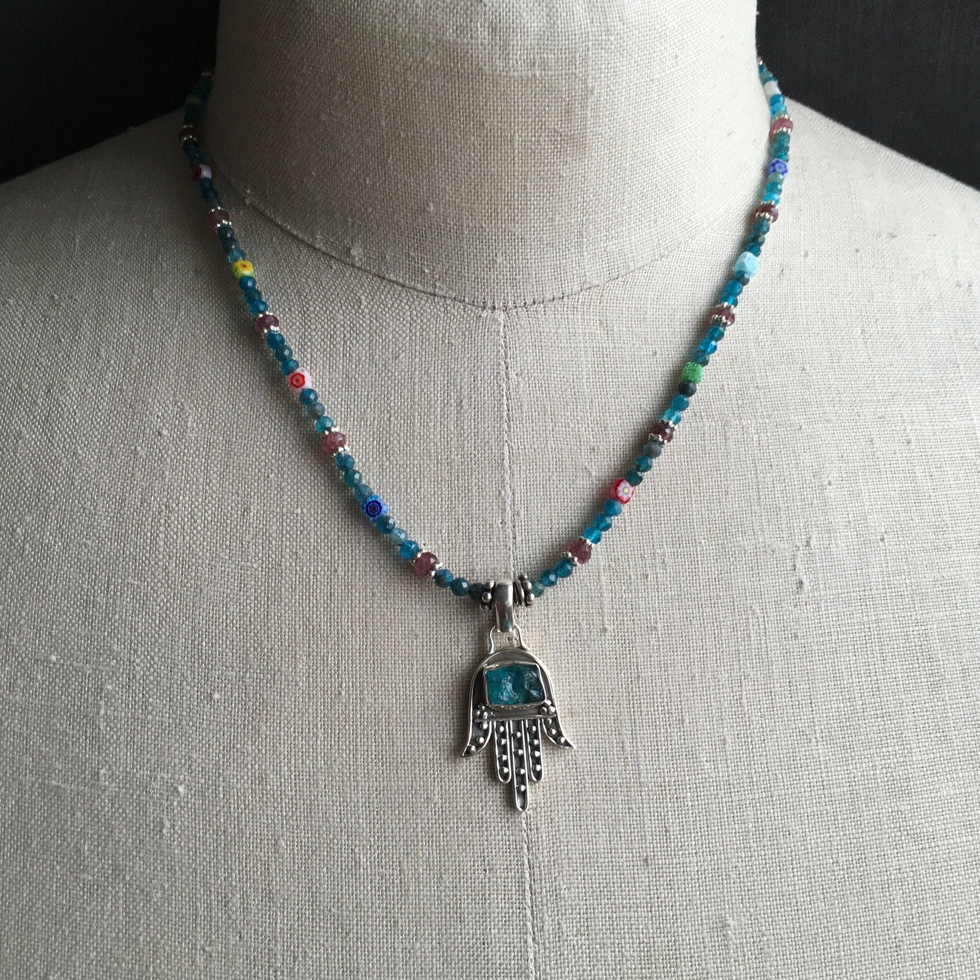 Necklace “Touching the Divine” Sterling Hamsa with Apatite pendant, Pink Tourmaline, Apatite, Millefiori beads, Spring line, Gift idea