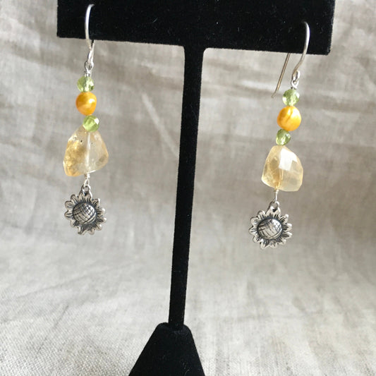 Earrings “Spring Drops” Sterling Flowers, Faceted Citrine, Pearls, Green Garnet, Spring Line, gift idea, Sunflowers, drop earrings