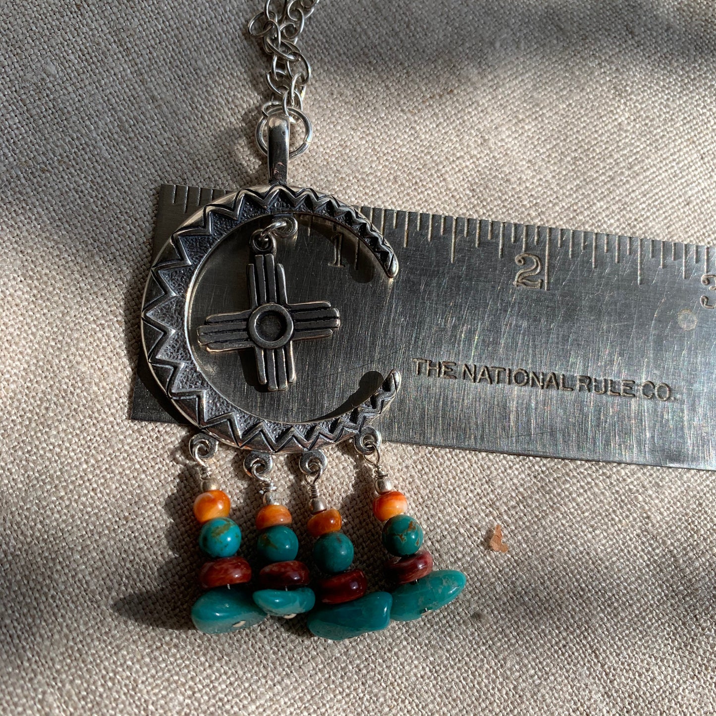 necklace "Moon Rise over New Mexico" Campitos Turquoise, Red & Orange Spiny Oyster, SS Moon, Zia, Handmade chain links, Ode to Albuquerque