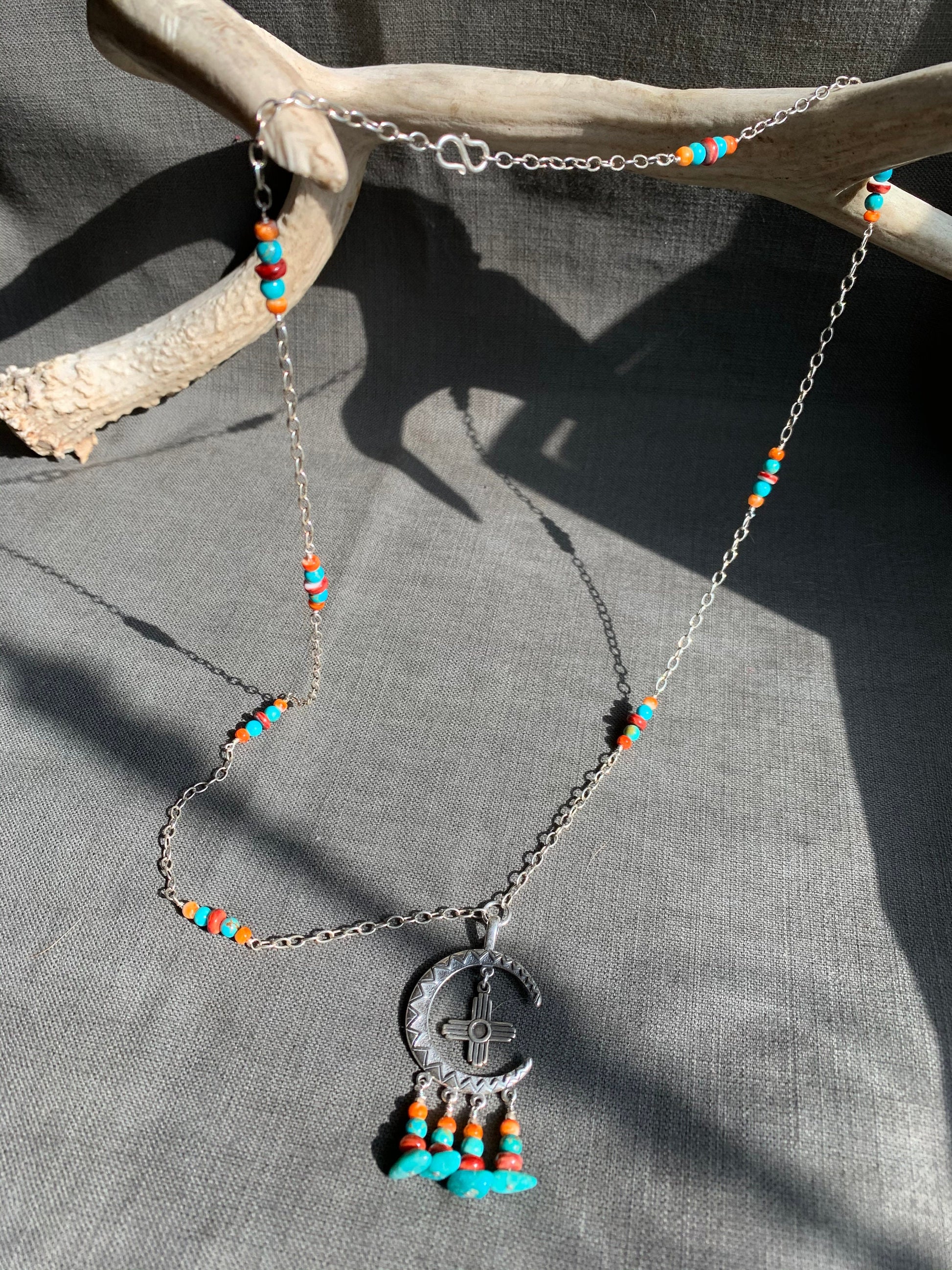 necklace "Moon Rise over New Mexico" Campitos Turquoise, Red & Orange Spiny Oyster, SS Moon, Zia, Handmade chain links, Ode to Albuquerque