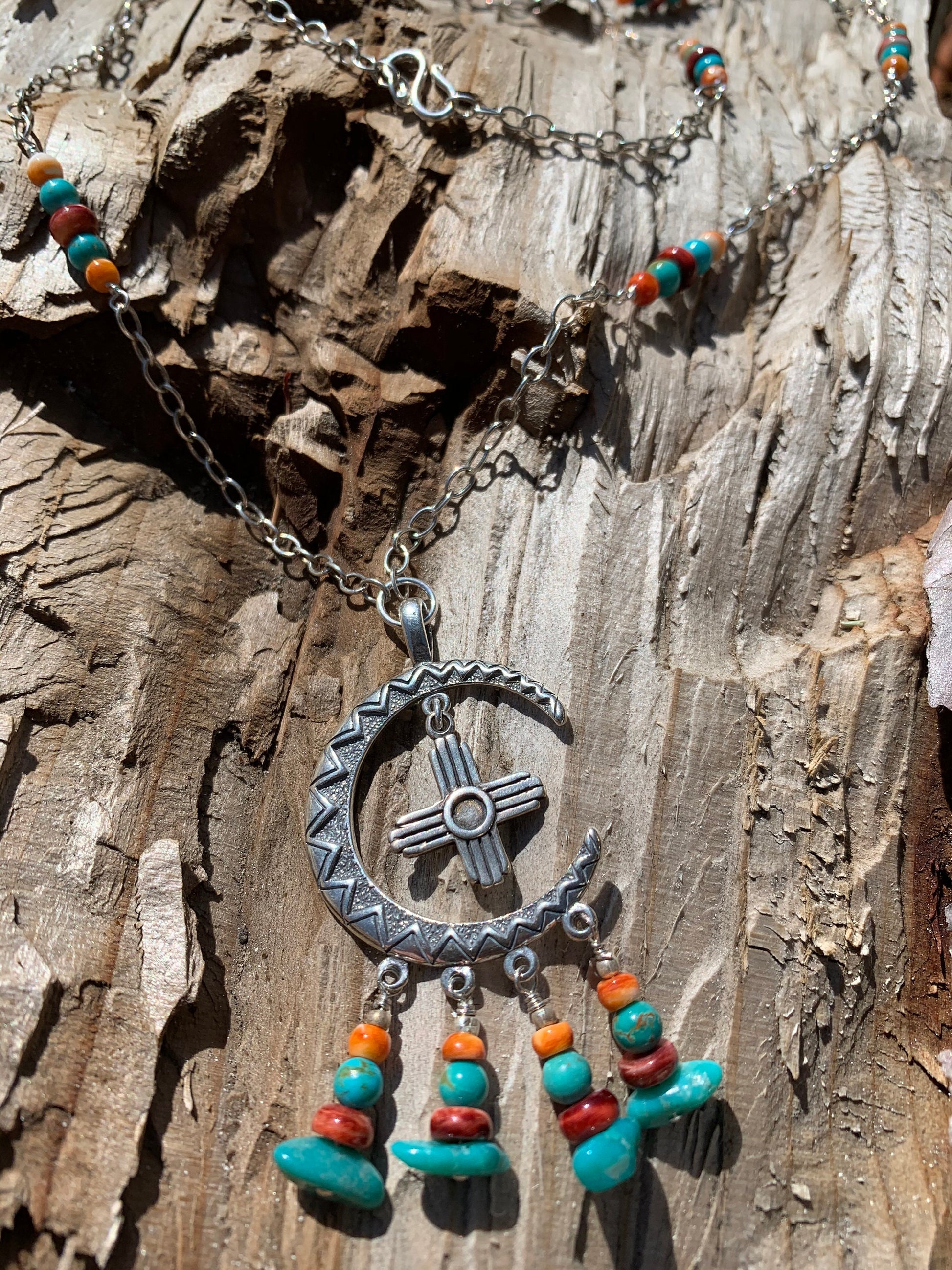 necklace "Moon Rise over New Mexico" Campitos Turquoise, Red & Orange Spiny Oyster, SS Moon, Zia, Handmade chain links, Ode to Albuquerque