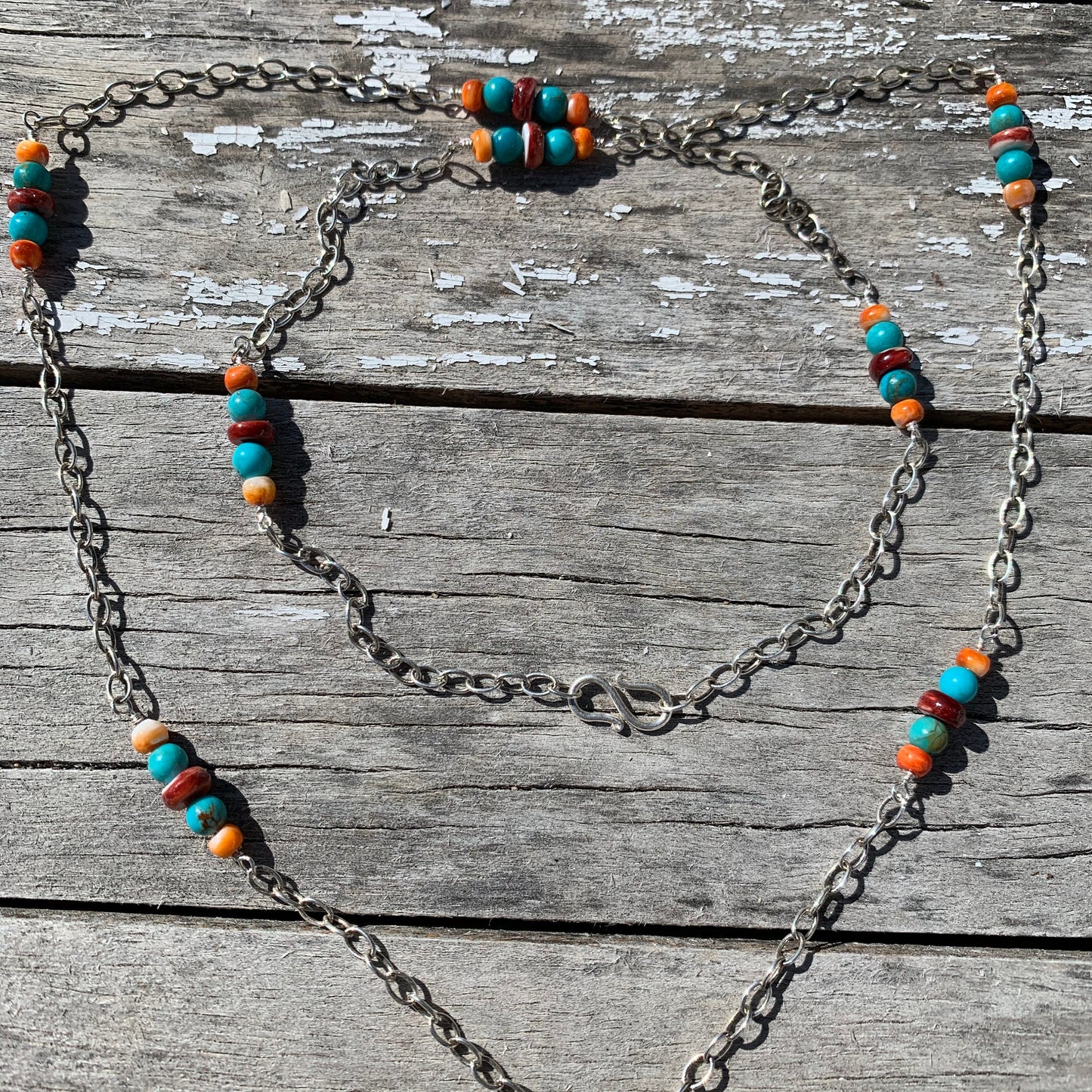 necklace "Moon Rise over New Mexico" Campitos Turquoise, Red & Orange Spiny Oyster, SS Moon, Zia, Handmade chain links, Ode to Albuquerque