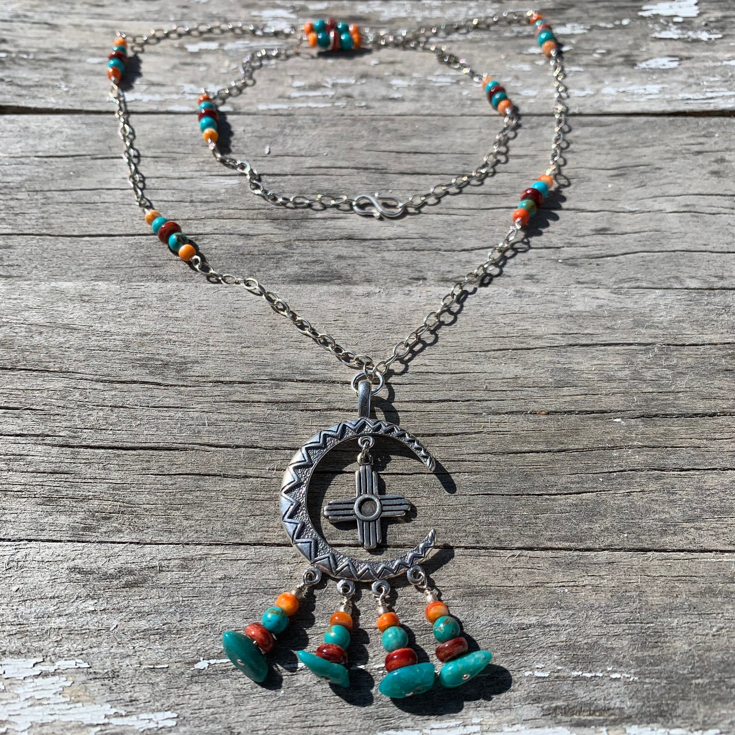 necklace "Moon Rise over New Mexico" Campitos Turquoise, Red & Orange Spiny Oyster, SS Moon, Zia, Handmade chain links, Ode to Albuquerque