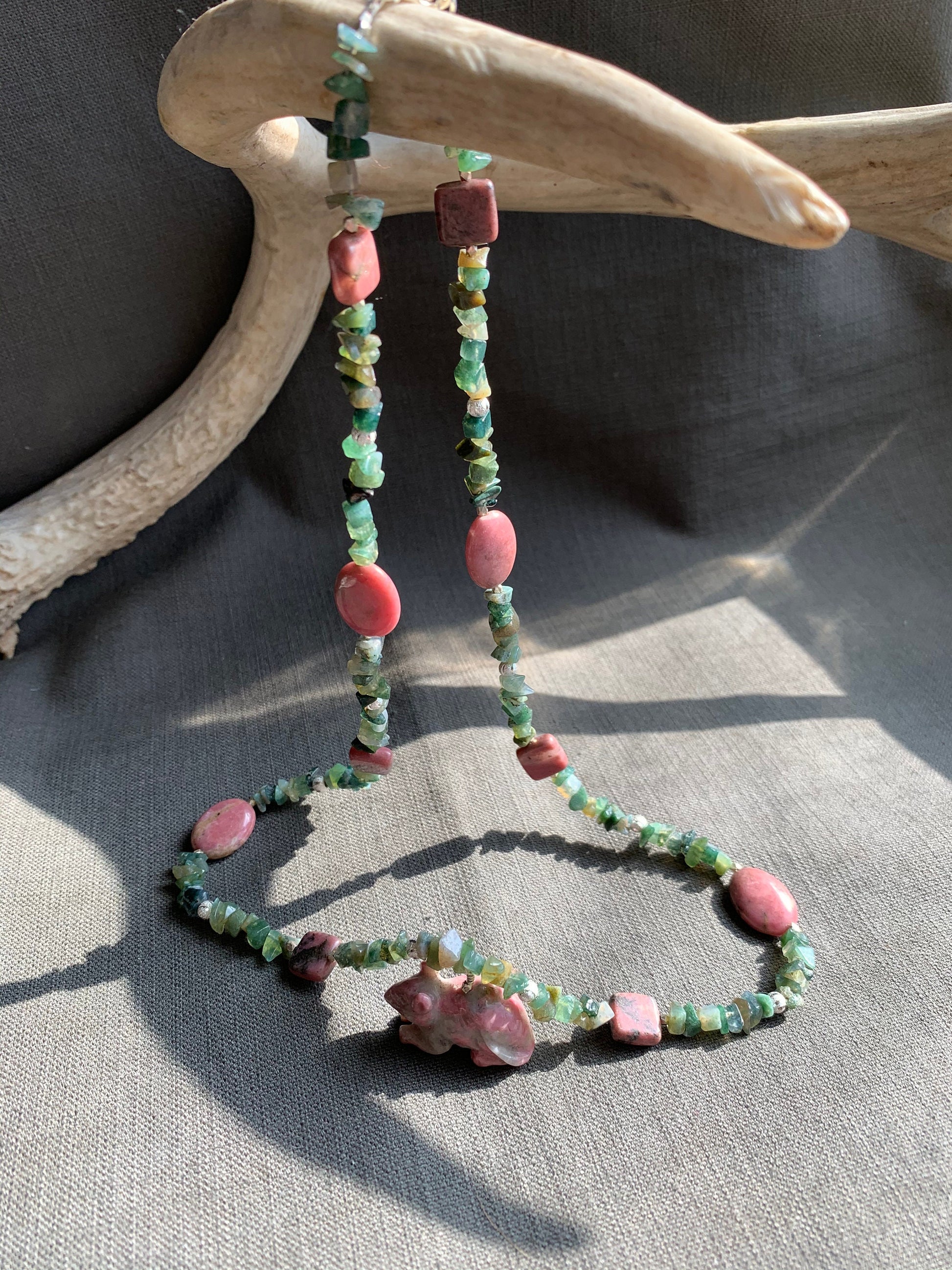 necklace "Metal Rat" Rhodonite rat, Moss agate, Rhodonite, Year of the Rat, Chinese zodiac animal, Gender Neutral, Animal jewelry