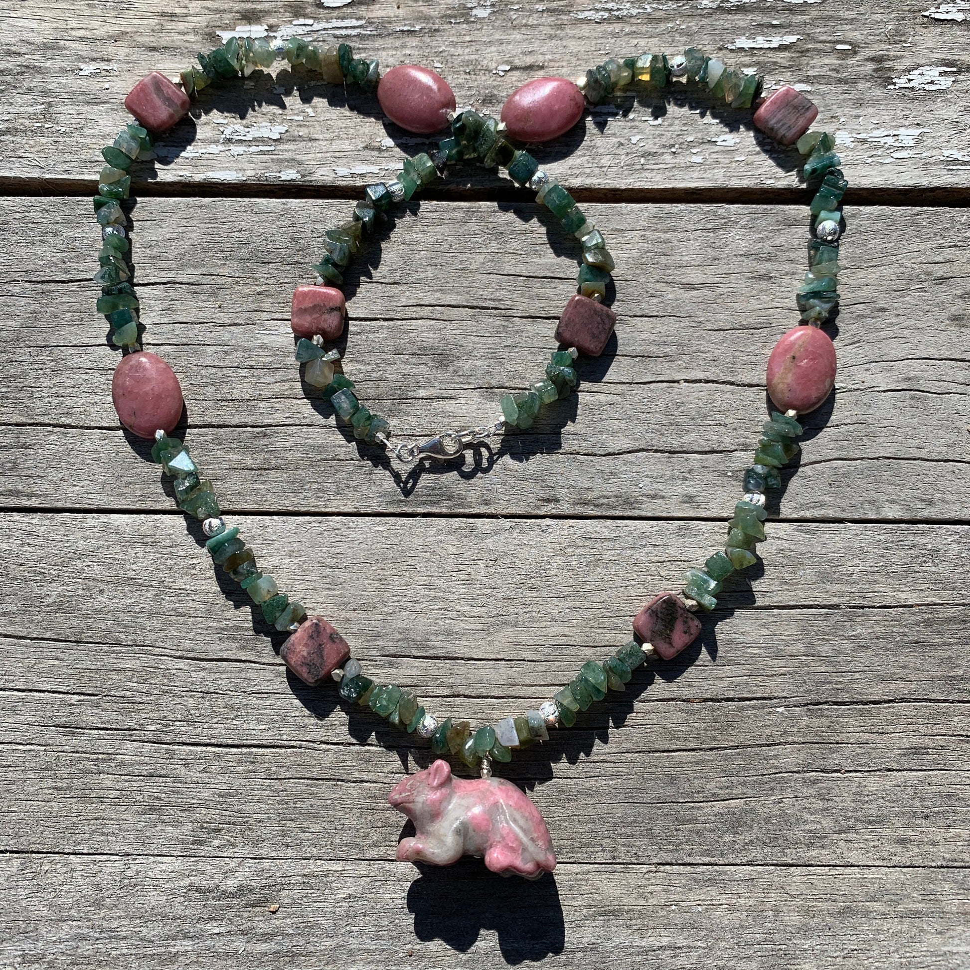 necklace "Metal Rat" Rhodonite rat, Moss agate, Rhodonite, Year of the Rat, Chinese zodiac animal, Gender Neutral, Animal jewelry