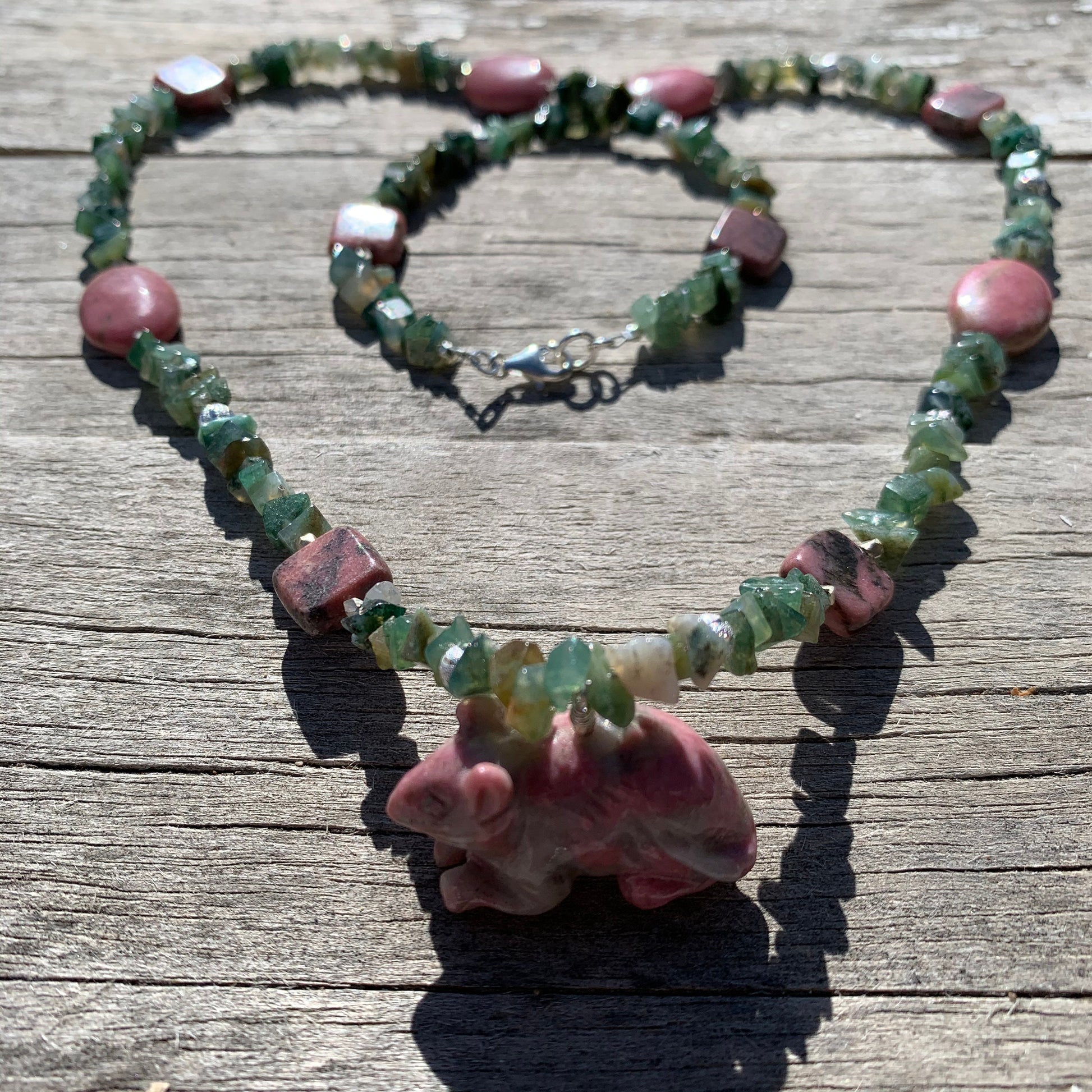 necklace "Metal Rat" Rhodonite rat, Moss agate, Rhodonite, Year of the Rat, Chinese zodiac animal, Gender Neutral, Animal jewelry