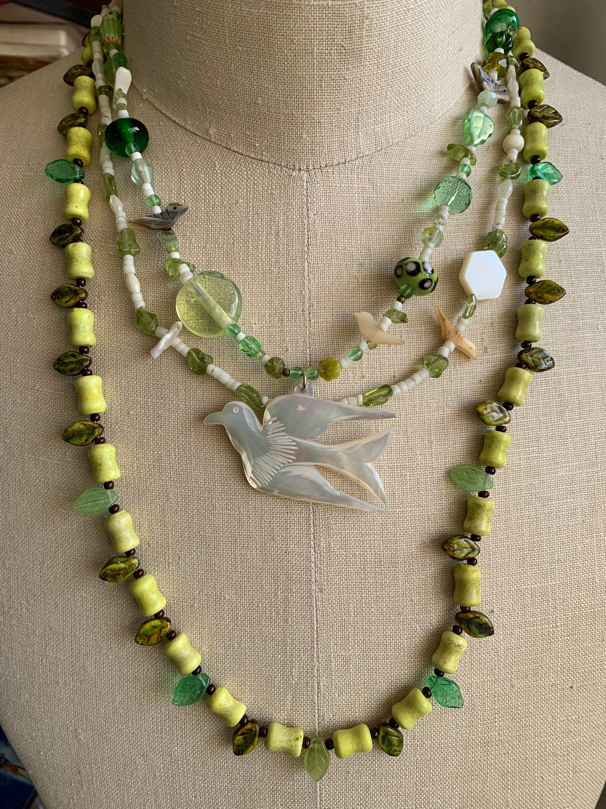 necklace "Peace" Dove pendant, Statement Piece, Spring Line, Gift idea, Birds, Earth Day, Peridot, shell heishi, leaves, Gender Neutral