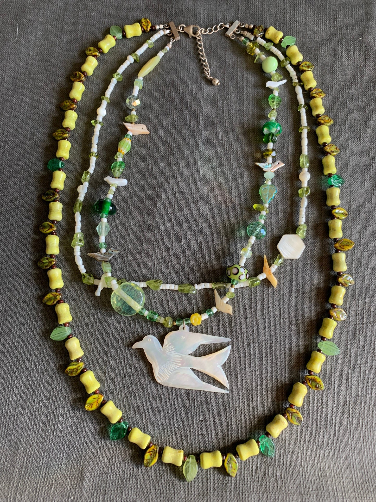 necklace "Peace" Dove pendant, Statement Piece, Spring Line, Gift idea, Birds, Earth Day, Peridot, shell heishi, leaves, Gender Neutral