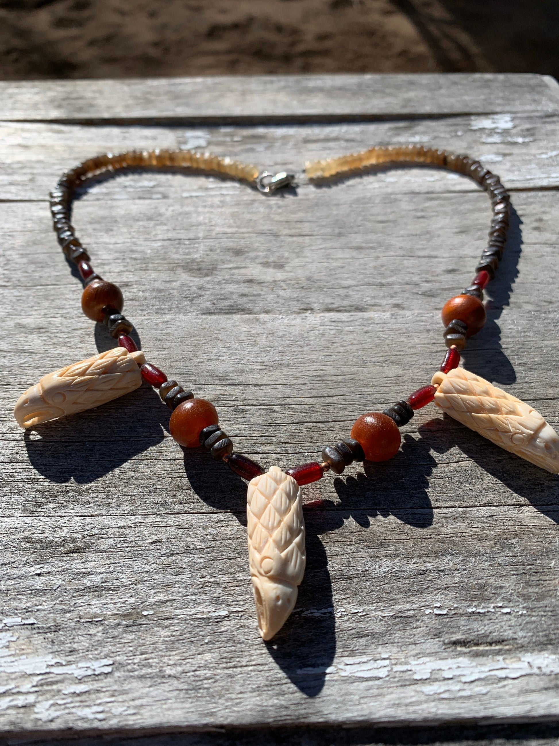 necklace "Soar" carved bone eagles, horn beads, gender neutral necklace, bird energy, eagle jewelry, raptor necklace