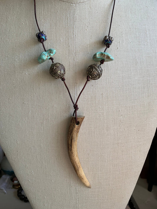 necklace "Horned One" Deer Antler pendant, Turquoise nuggets, Gender Neutral necklace, Gift idea, Stag energy