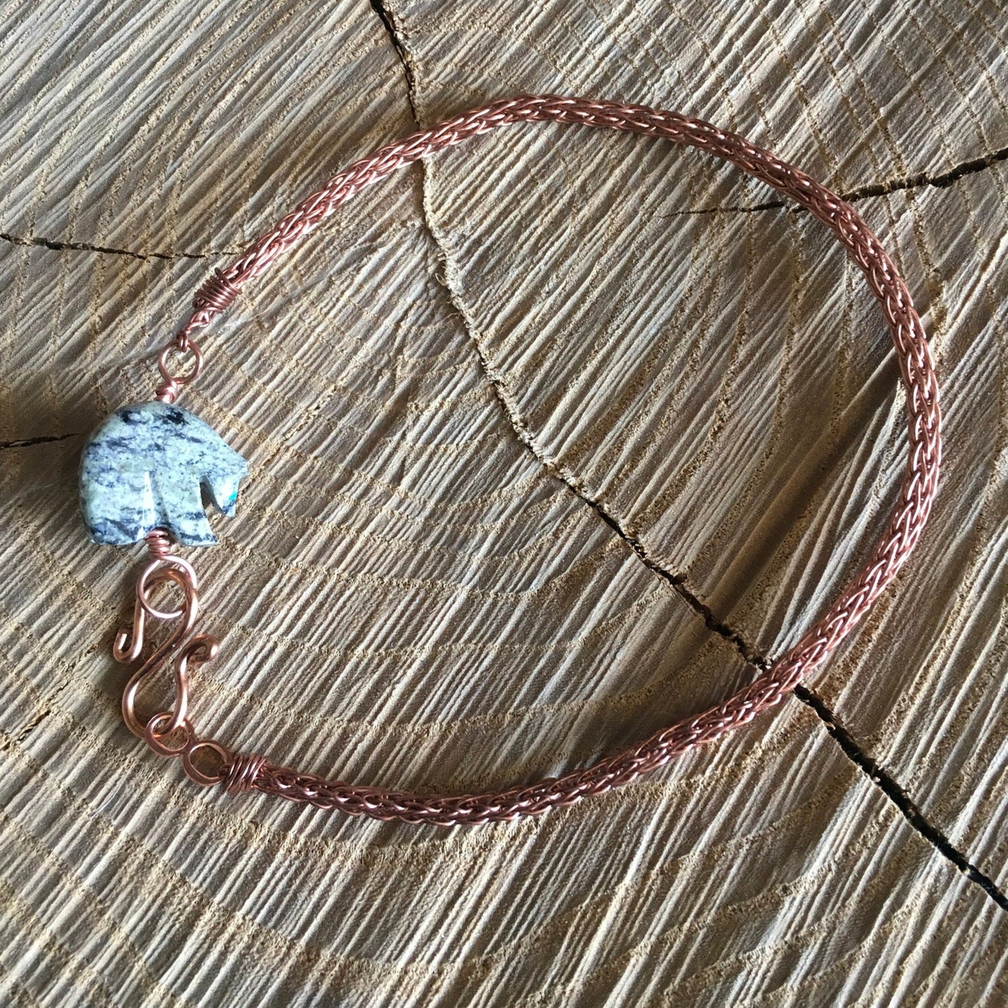 Viking knit anklet or bracelet “Bear” Handmade chain, Serpentine Bear fetish, Copper wire, Handmade hook, Gender Neutral, Gift idea