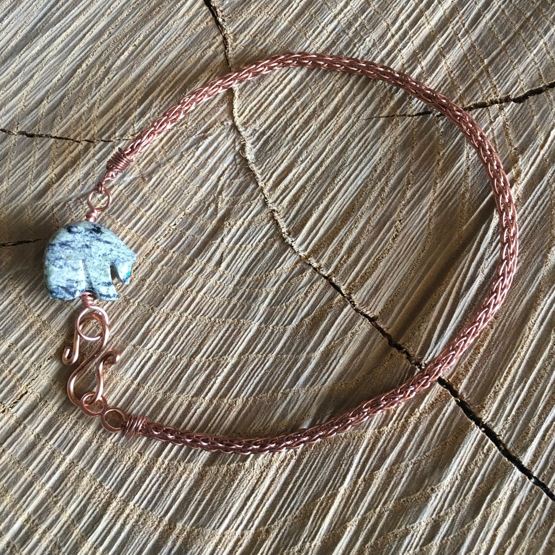 Viking knit anklet or bracelet “Bear” Handmade chain, Serpentine Bear fetish, Copper wire, Handmade hook, Gender Neutral, Gift idea