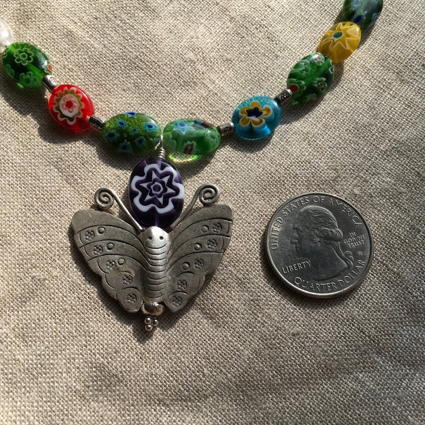 Necklace “Searching for Beauty” Hill Tribe Silver Butterfly, Millefiori beads, Handmade beads, Spring Line, Gender Neutral, Intensional Art