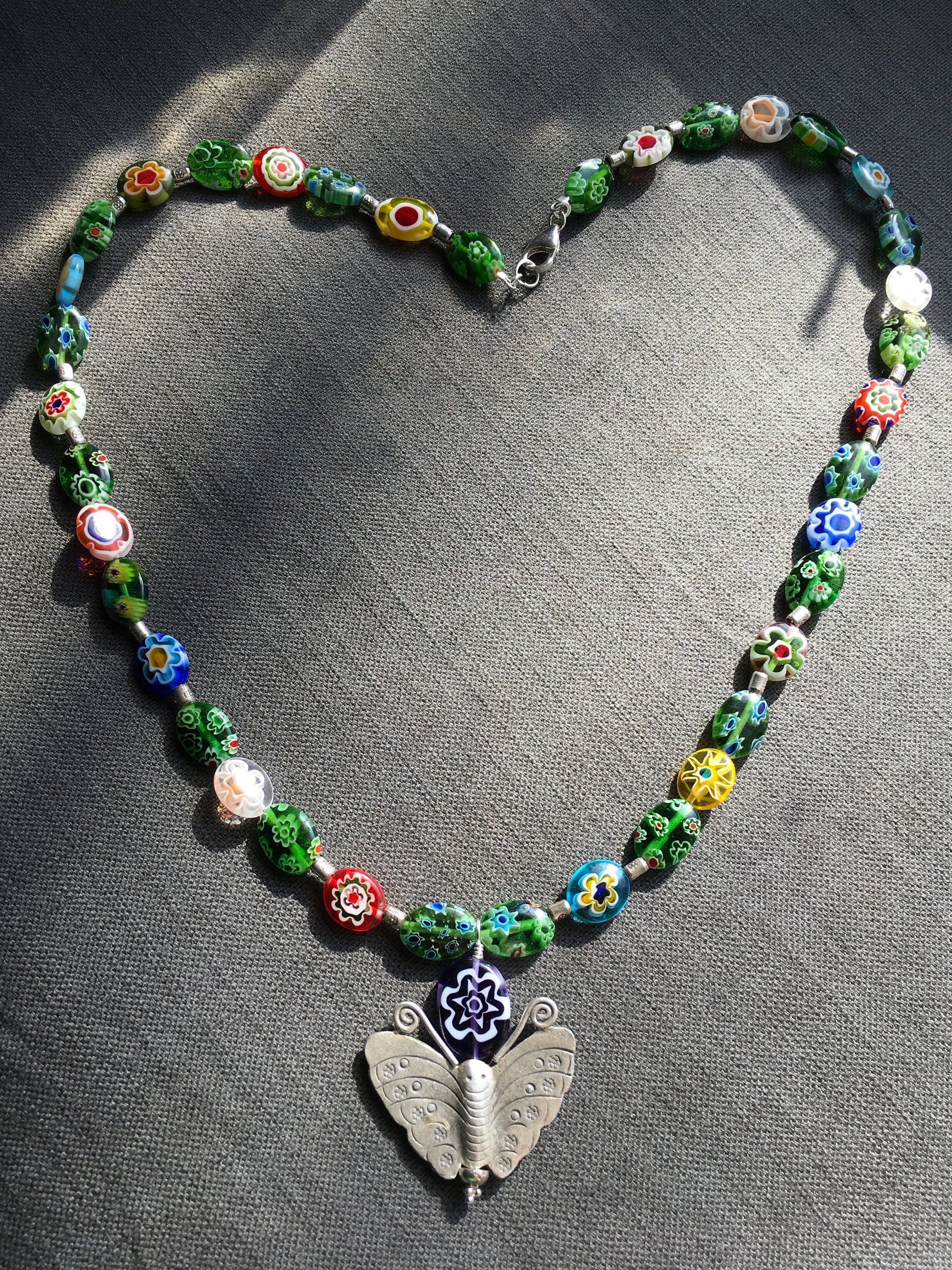 Necklace “Searching for Beauty” Hill Tribe Silver Butterfly, Millefiori beads, Handmade beads, Spring Line, Gender Neutral, Intensional Art