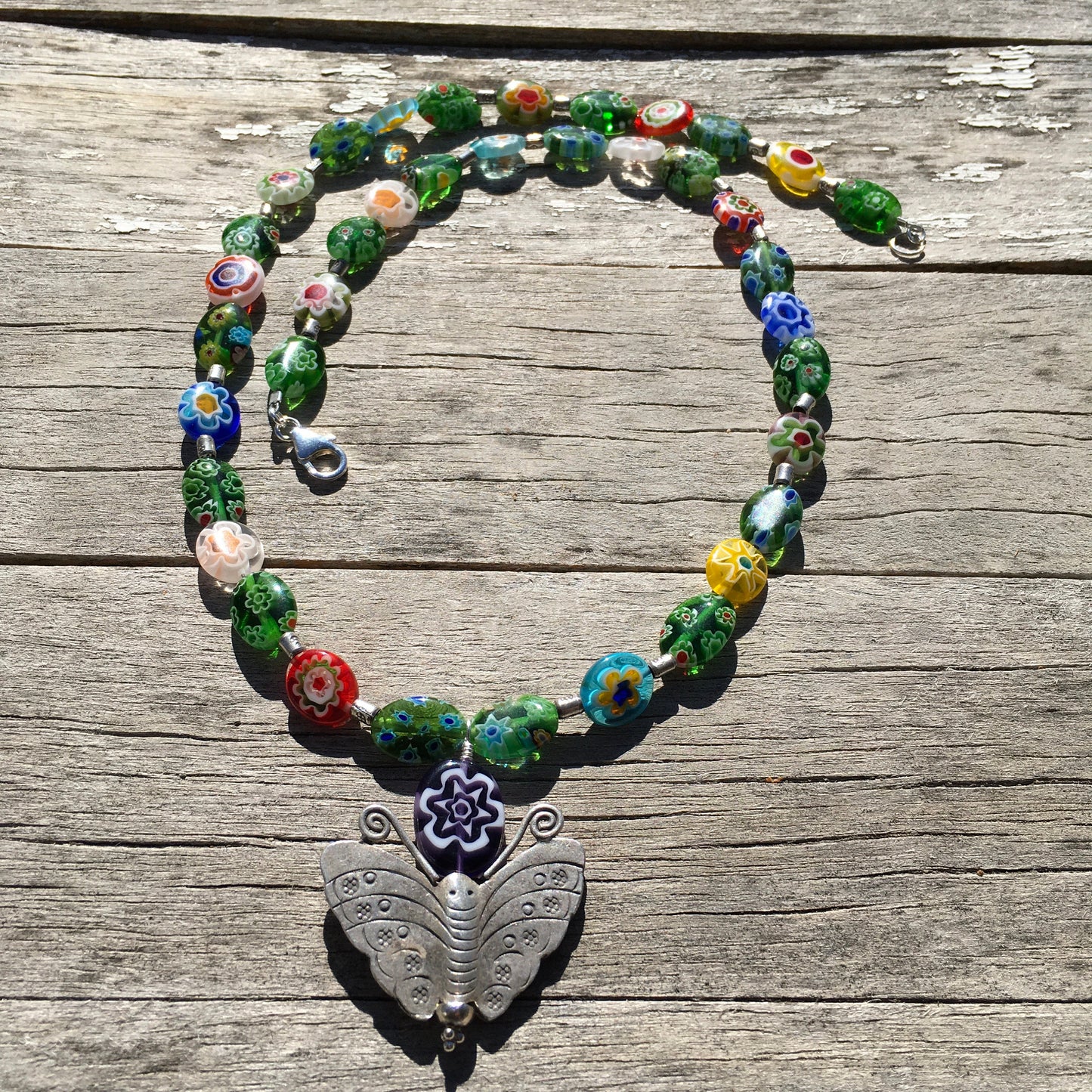 Necklace “Searching for Beauty” Hill Tribe Silver Butterfly, Millefiori beads, Handmade beads, Spring Line, Gender Neutral, Intensional Art