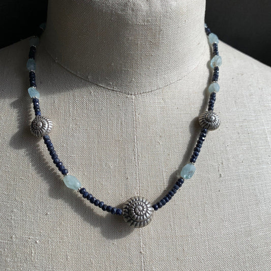 Necklace “Spiral Deep” Sapphires, Aquamarine, Fine Silver Shell focal beads, Statement Piece, gift idea, March & September birthstone
