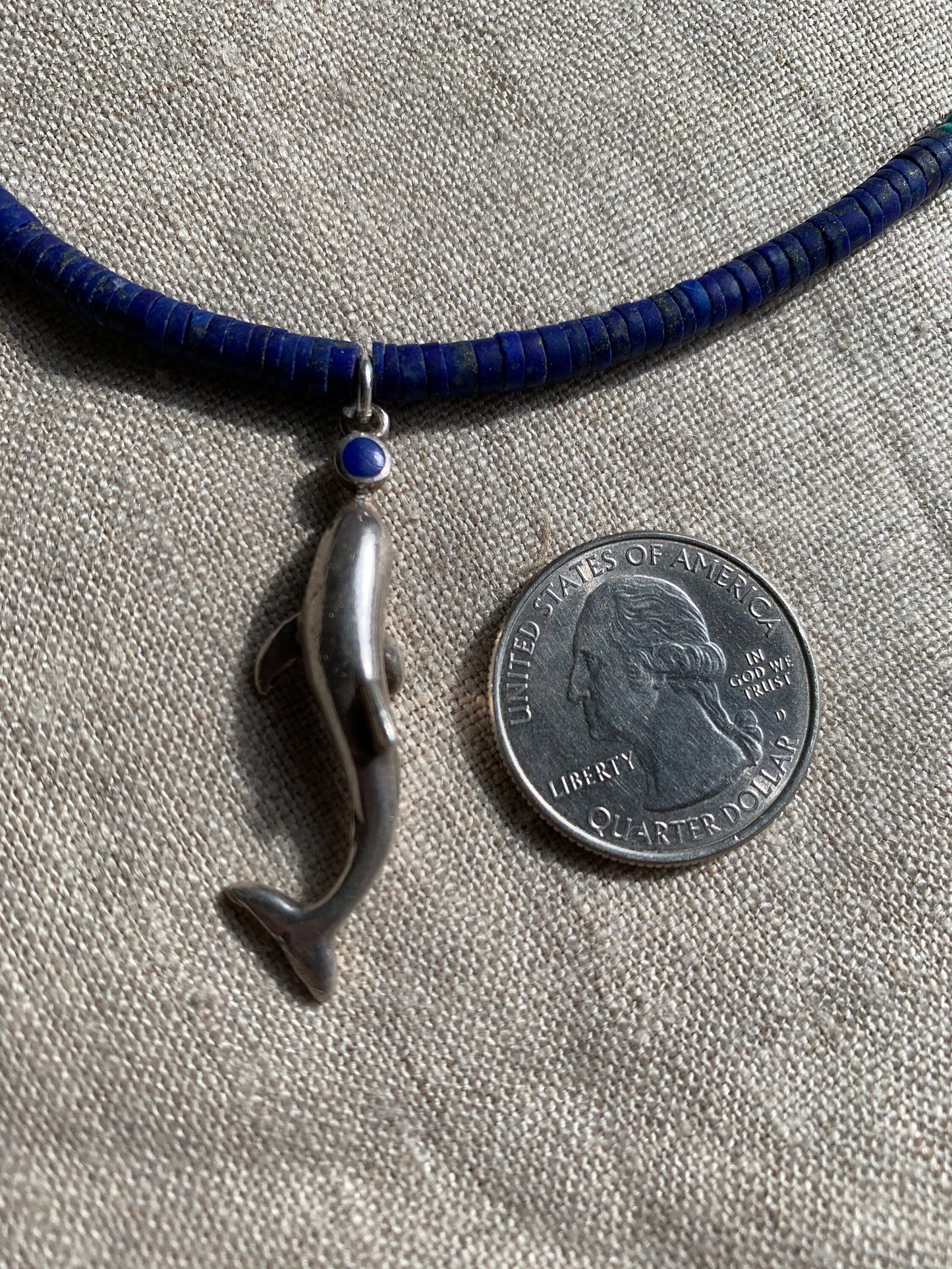 Necklace “My point is...Dolphins” vintage sterling dolphin, Afghan lapis, Vintage Turquoise, Shell Heishi, Dolphin necklace, Water Jewelry