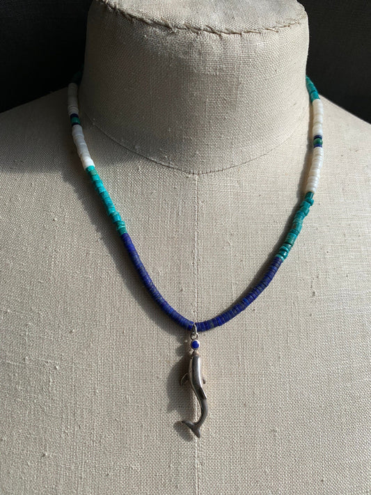 Necklace “My point is...Dolphins” vintage sterling dolphin, Afghan lapis, Vintage Turquoise, Shell Heishi, Dolphin necklace, Water Jewelry