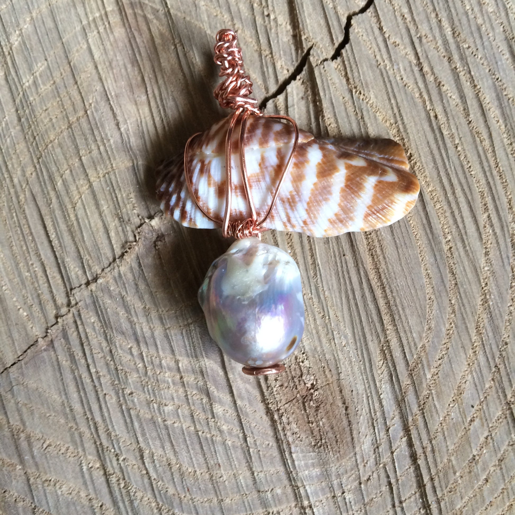 Pendant “Jewel of the Sea” Baroque Pearl, Shell, Copper wire wrap, Gender Neutral pendant, Ocean treasure, Mermaid jewelry, Gift idea