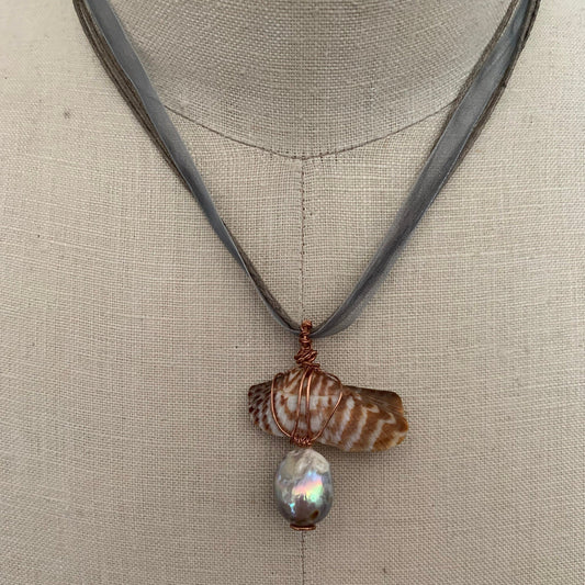 Pendant “Jewel of the Sea” Baroque Pearl, Shell, Copper wire wrap, Gender Neutral pendant, Ocean treasure, Mermaid jewelry, Gift idea