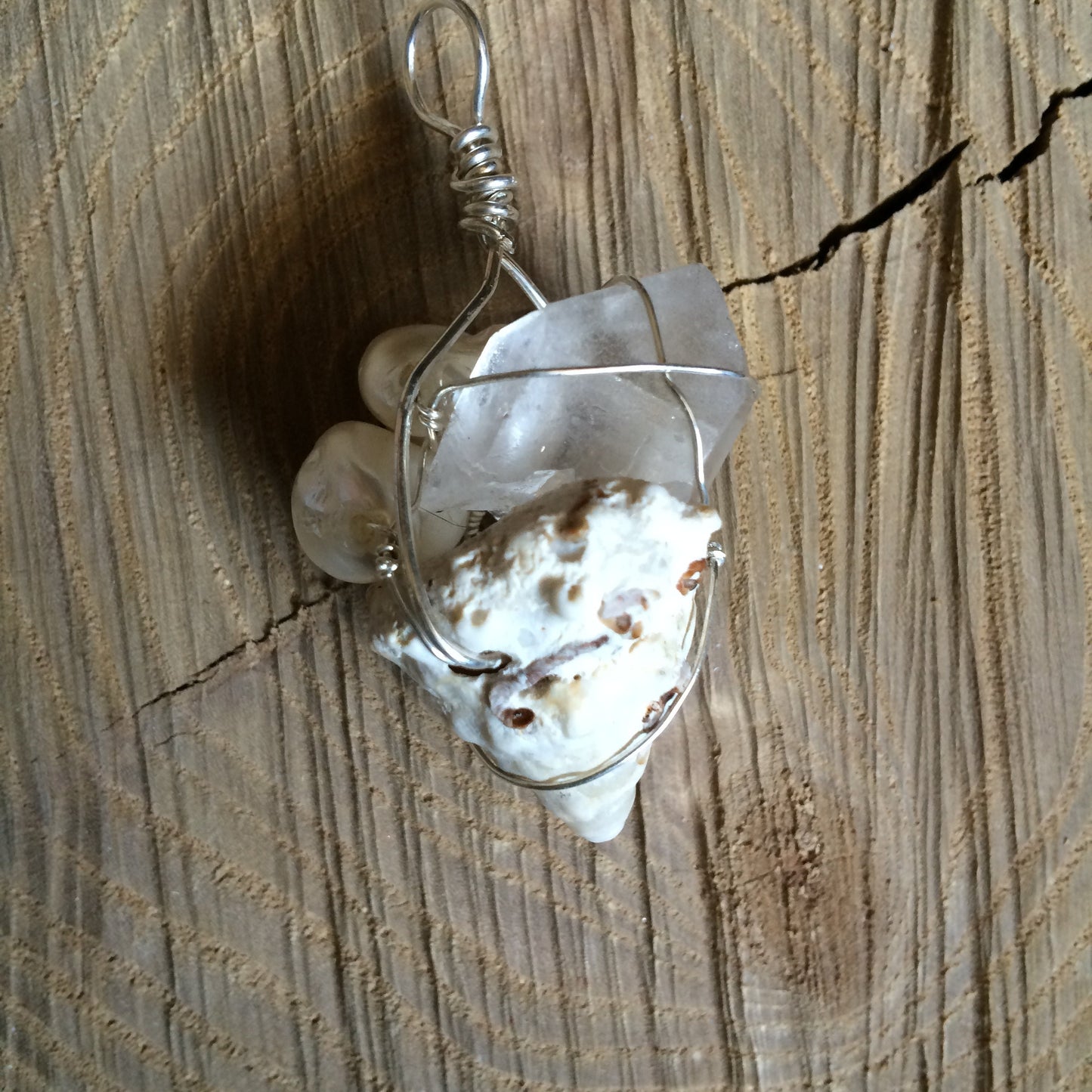 Pendant “Selkie’s Jewel” Crystal Point, Freshwater Pearls, Shell, Mermaid jewelry, Gender Neutral, Gift idea, Ocean treasure, Sterling wire