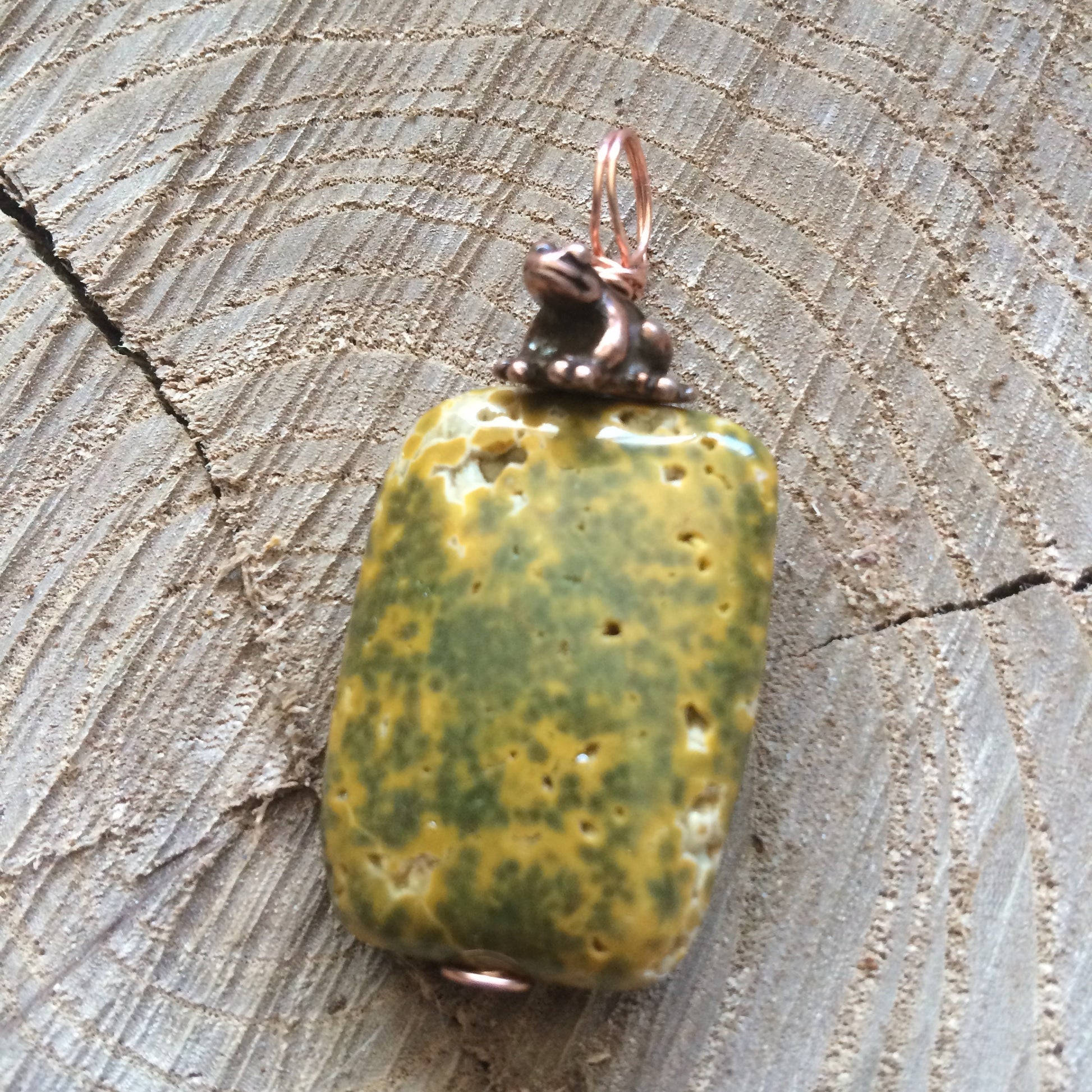 Pendant “Frog” Ocean jasper, Copper Frog, Gender Neutral pendant, Gift idea, Frog energy, Water energy, Festival jewelry,