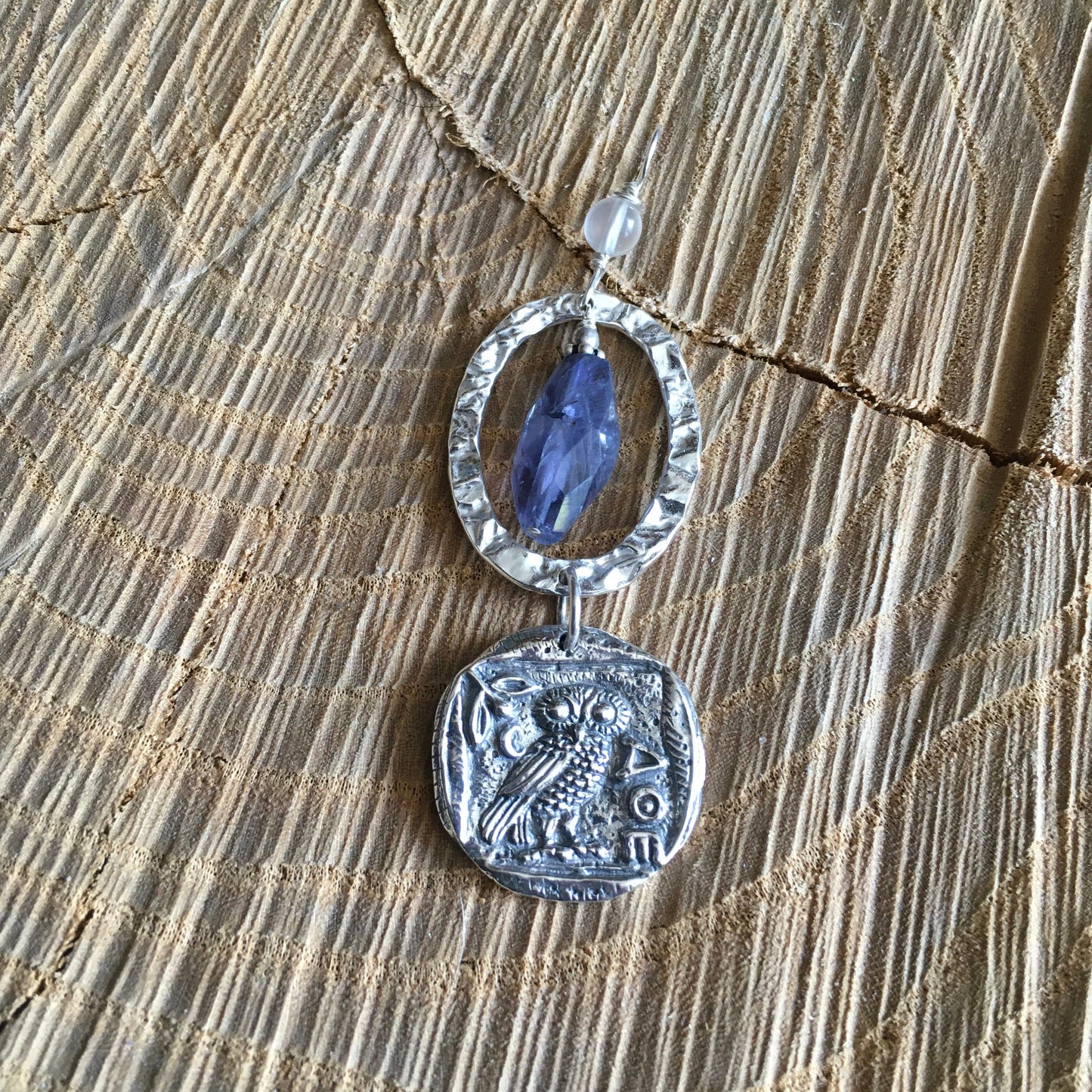 Pendant "Grey Eyed One" Owl charm, Iolite, Sterling, Athena, Goddess jewelry, Greek Pantheon, Hellenic Goddess, Gift Idea, Gender Neutral