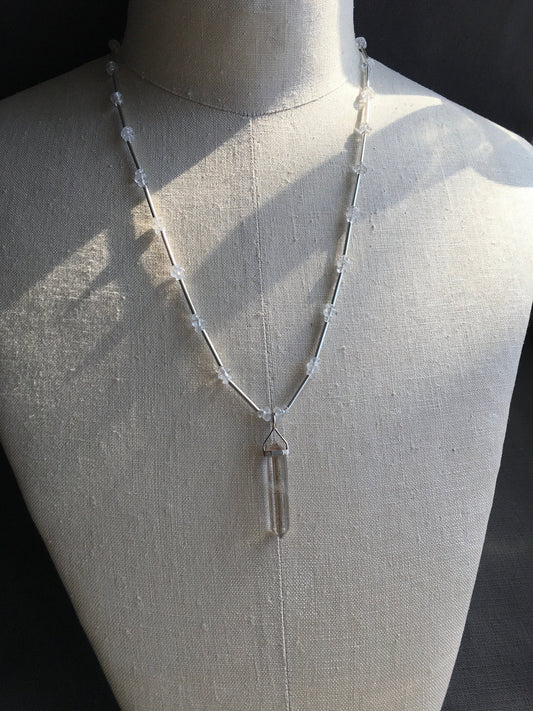 Necklace "Beacon of Light" Clear Quartz pendant, Sterling beads, Quartz, Crystal necklace, Gender Neutral jewelry, Gift idea