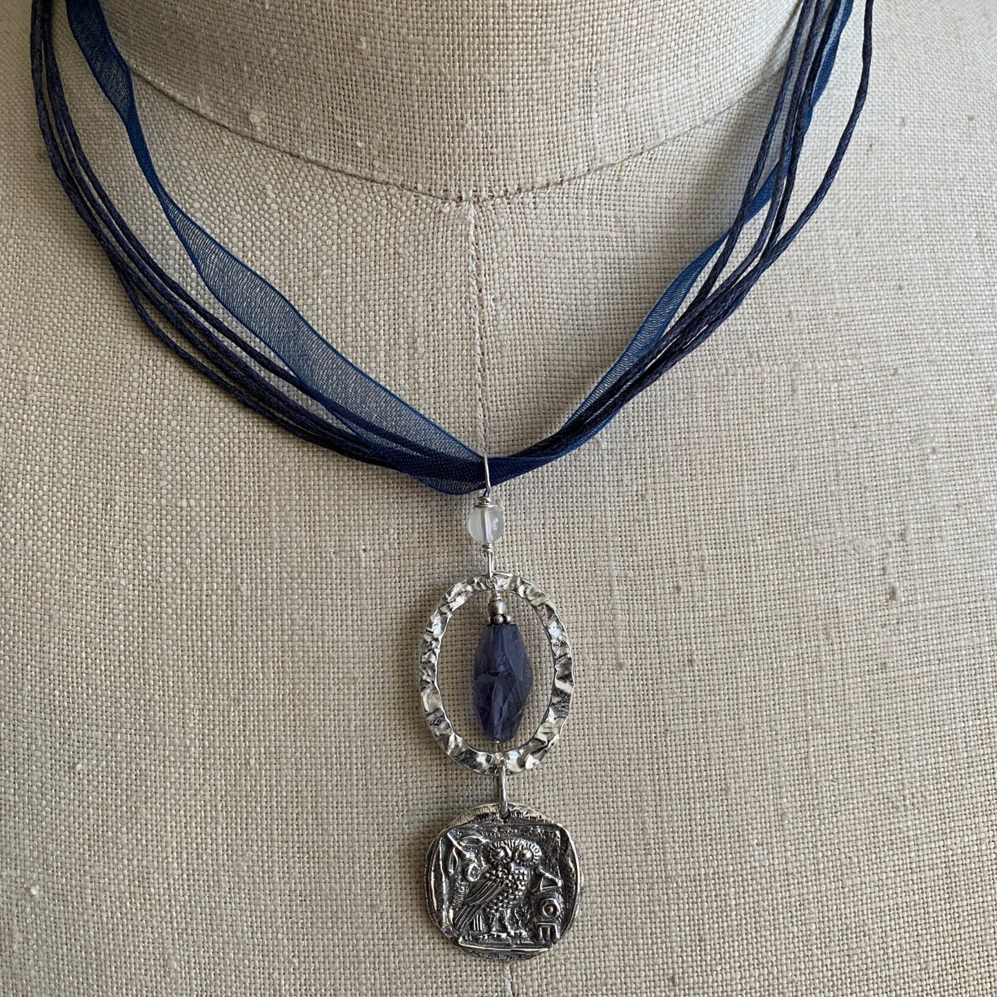 Pendant "Grey Eyed One" Owl charm, Iolite, Sterling, Athena, Goddess jewelry, Greek Pantheon, Hellenic Goddess, Gift Idea, Gender Neutral