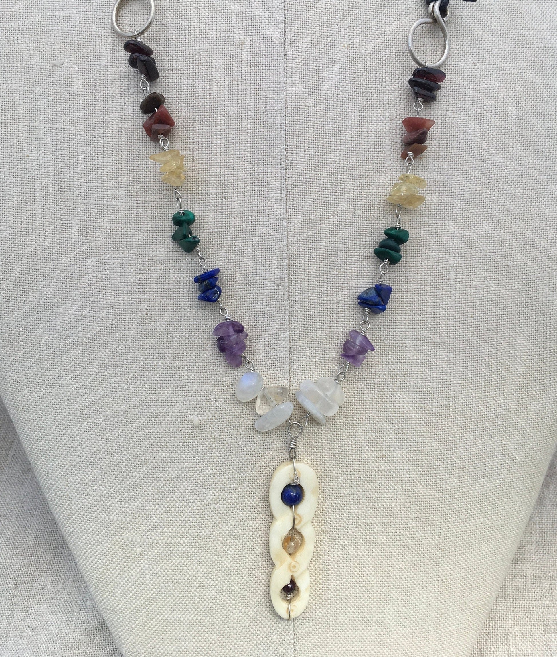 necklace "Helix" Carved Bone pendant, Rainbow stones, LGBTQ+ Jewelry, Pride jewelry, Chakra necklace, Reiki charged, Handmade chain, Rainbow