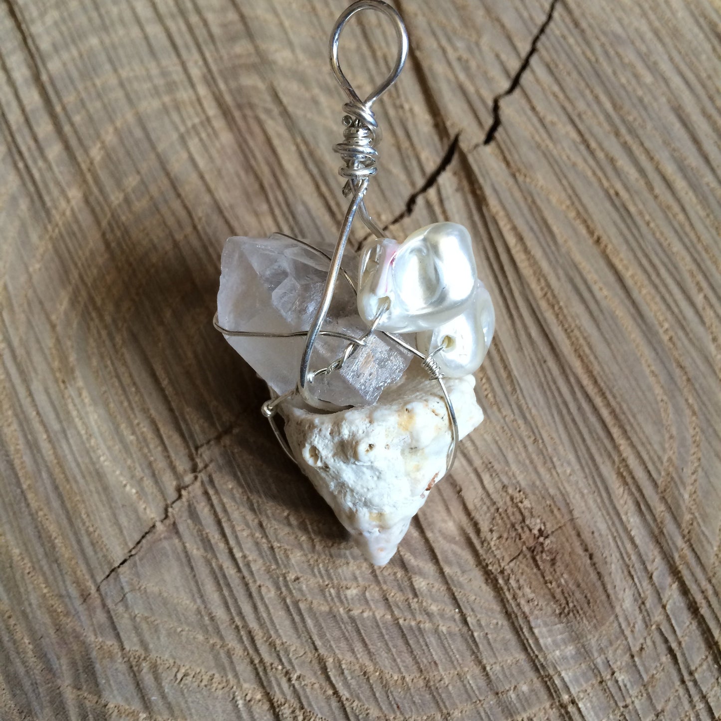 Pendant “Selkie’s Jewel” Crystal Point, Freshwater Pearls, Shell, Mermaid jewelry, Gender Neutral, Gift idea, Ocean treasure, Sterling wire