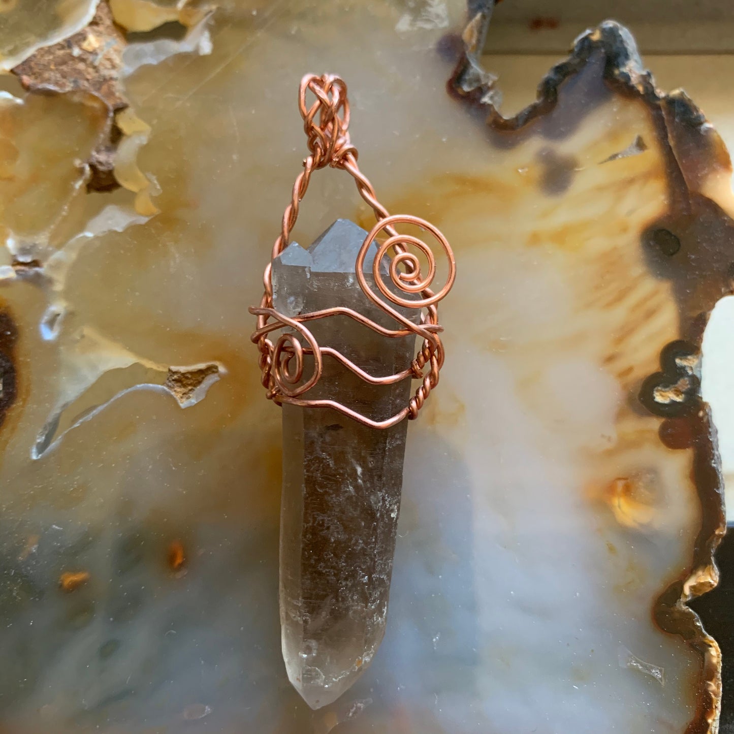 Pendant “Grounding Wave” Double Terminated Smoky Quartz, Copper wire, Grounding pendant, Gender Neutral, Root chakra, Reiki charged