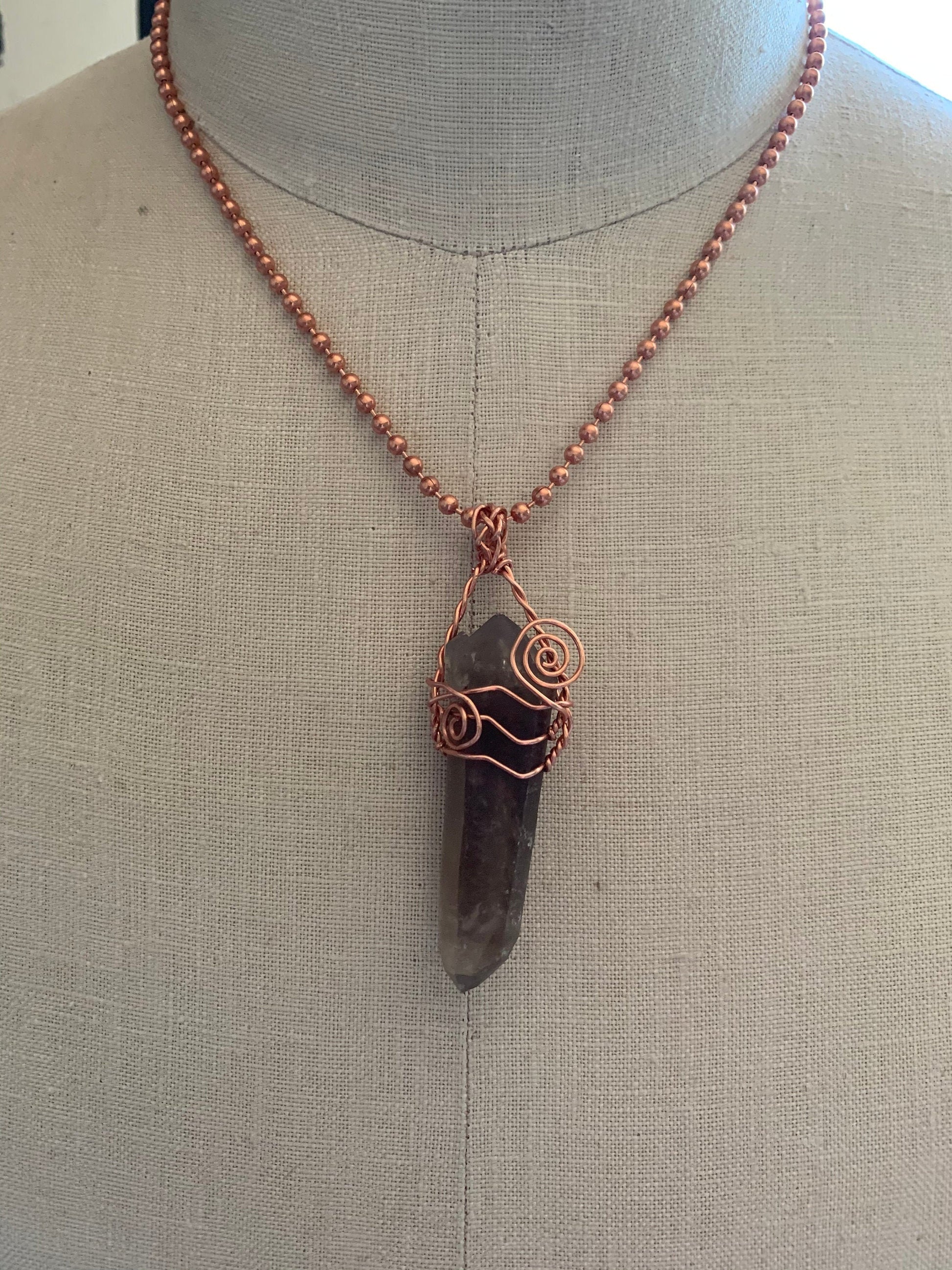 Pendant “Grounding Wave” Double Terminated Smoky Quartz, Copper wire, Grounding pendant, Gender Neutral, Root chakra, Reiki charged